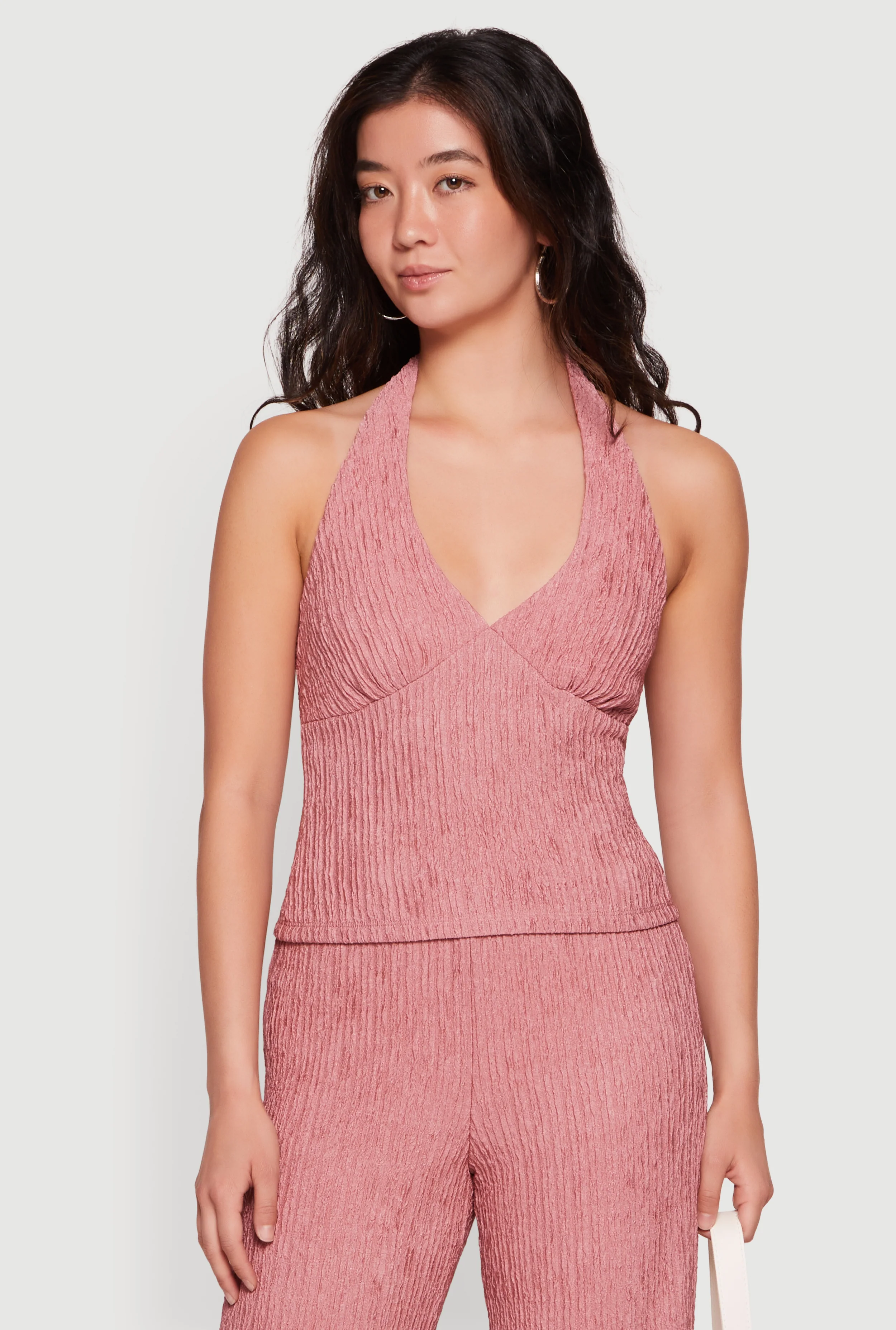 Textured Knit Button Back Keyhole Halter Top