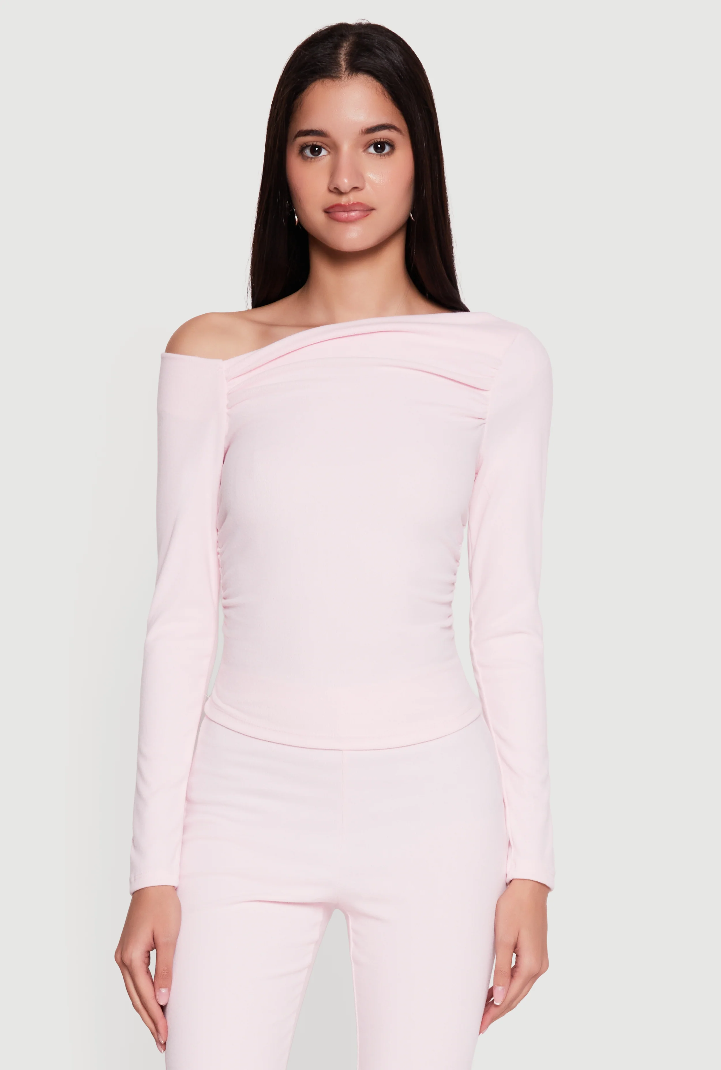 Brushed Rib Knit Long Sleeve One Shoulder Top
