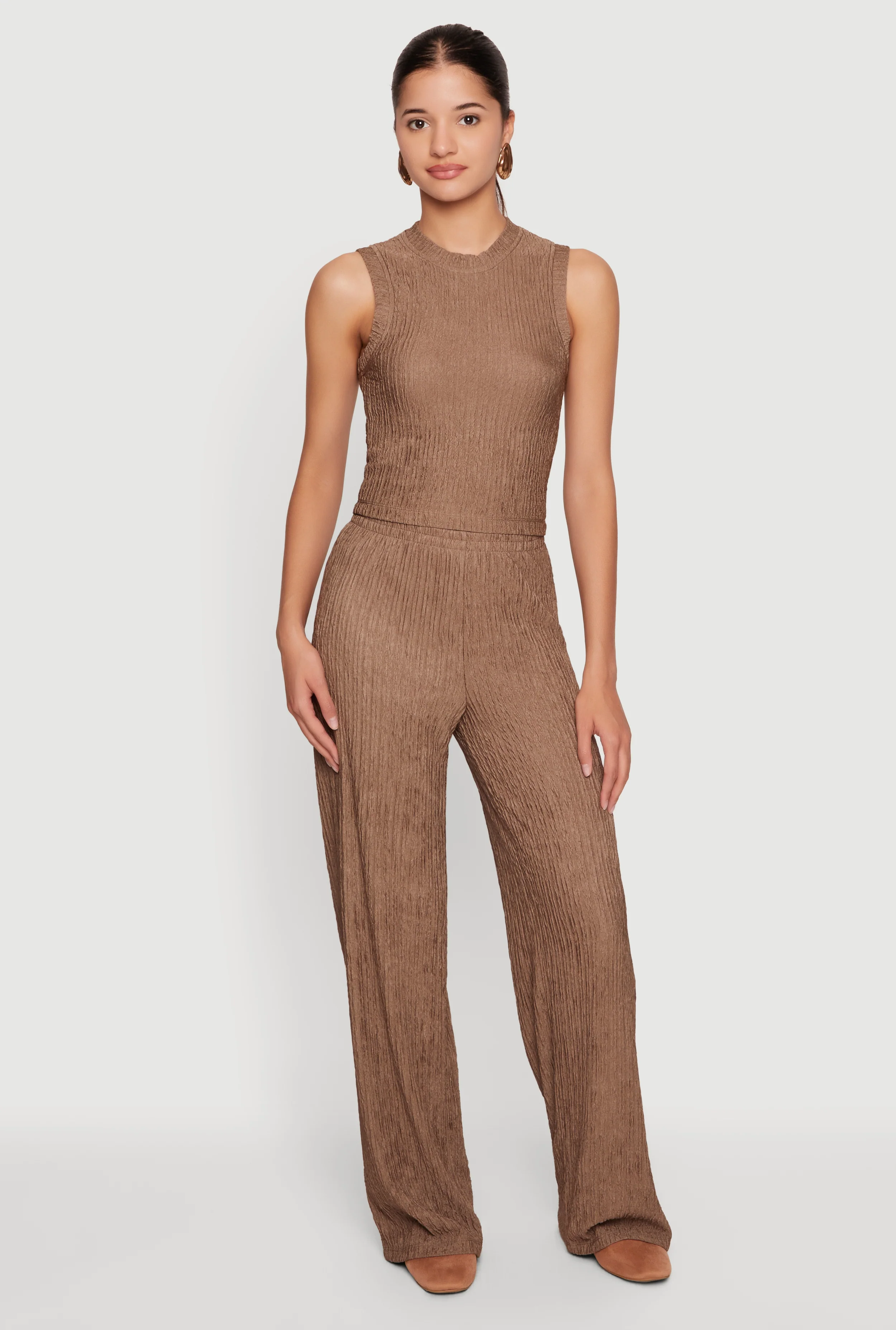 Textured Knit High Waisted Wide Leg Pull On Pants