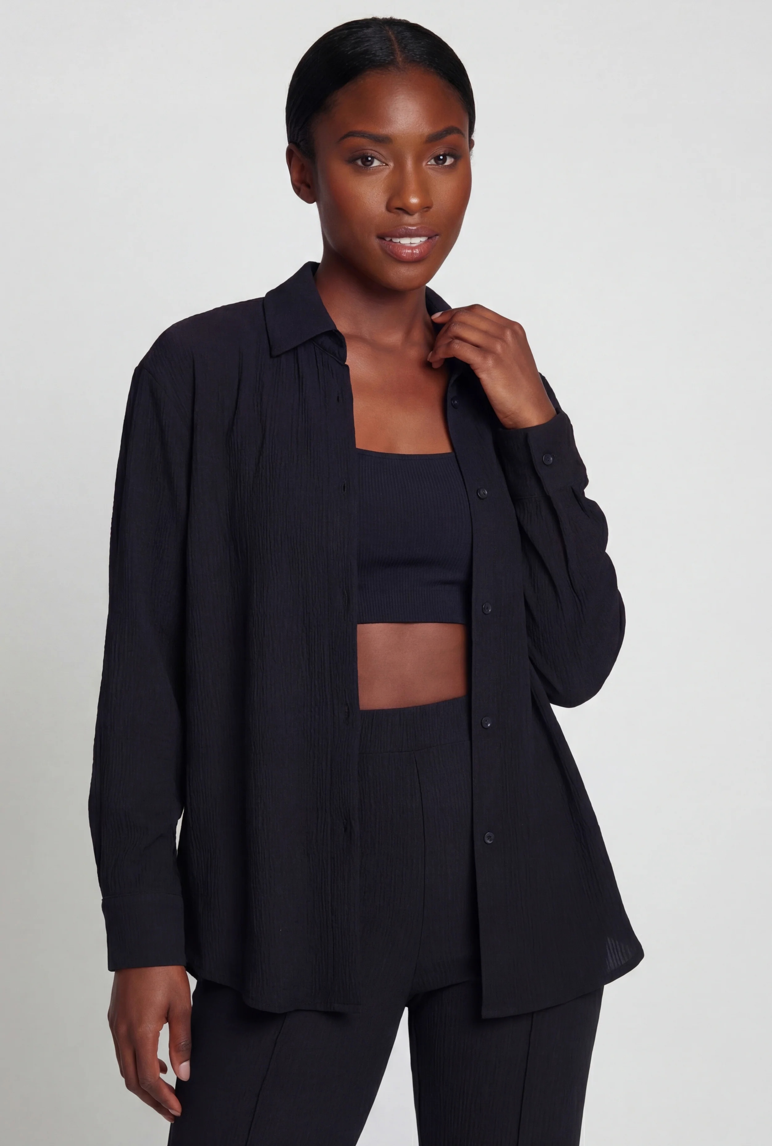 Solid Textured Knit Button Front Long Sleeve Shirt