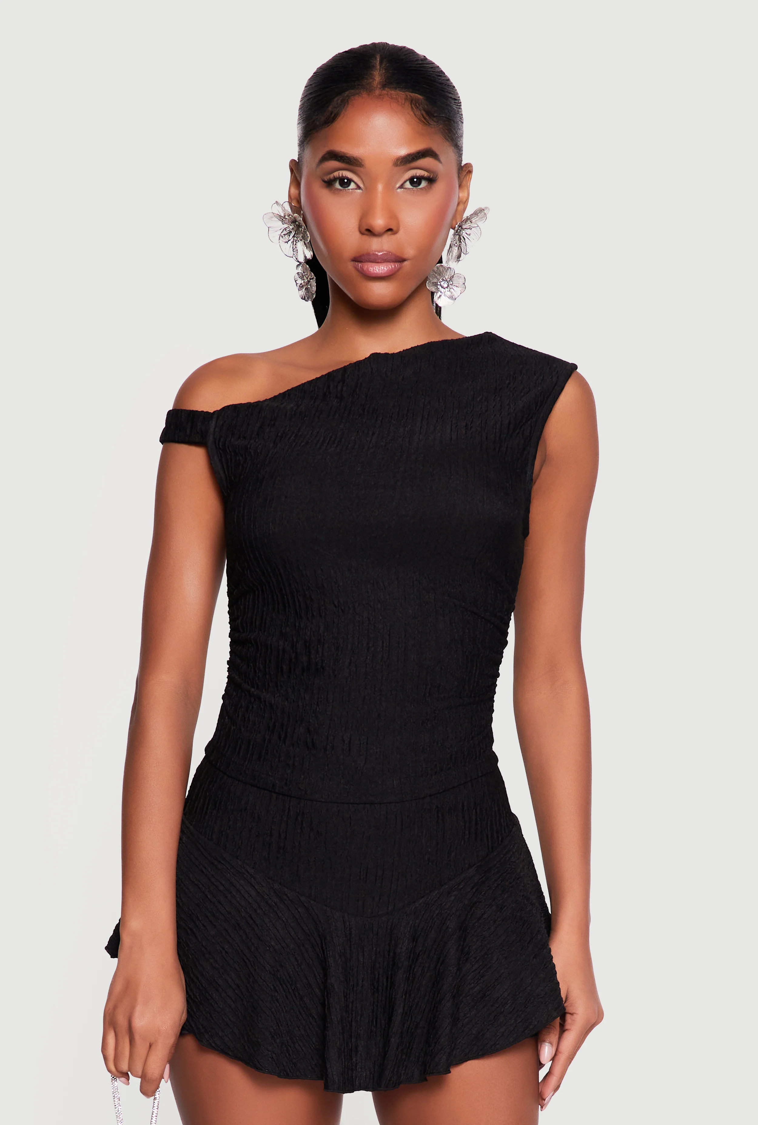 One Shoulder Side Ruched Textured Knit Crop Top