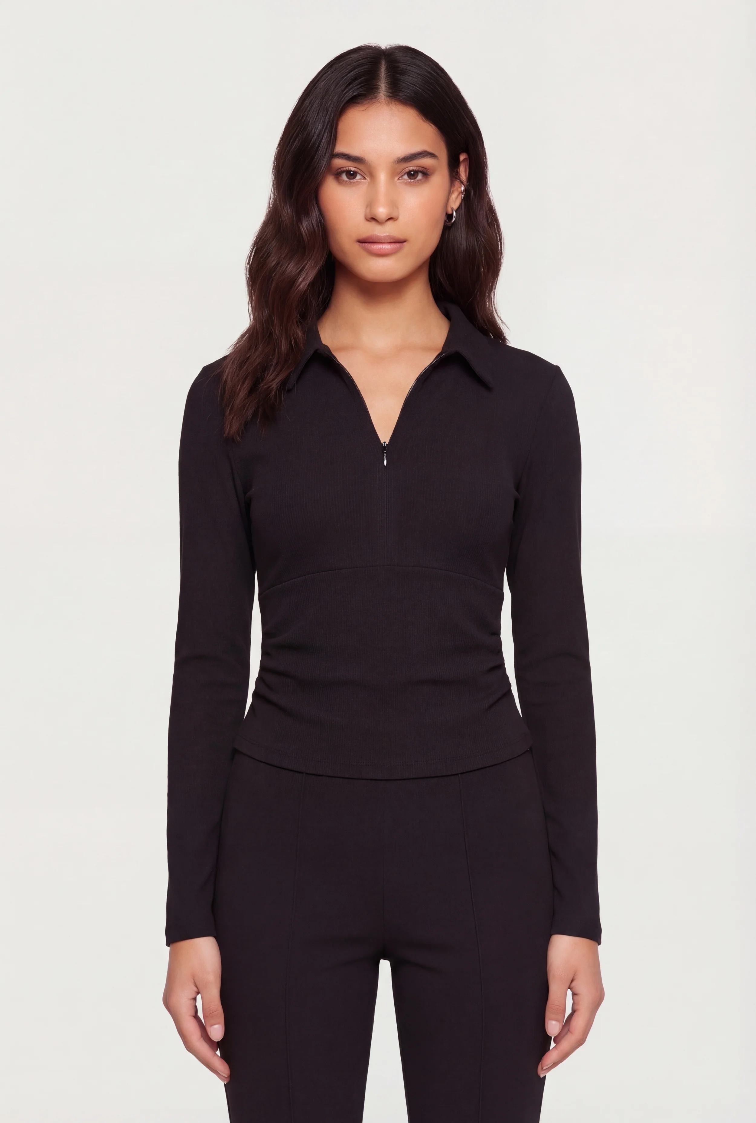 Brushed Knit Long Sleeve Zip Front Polo Shirt