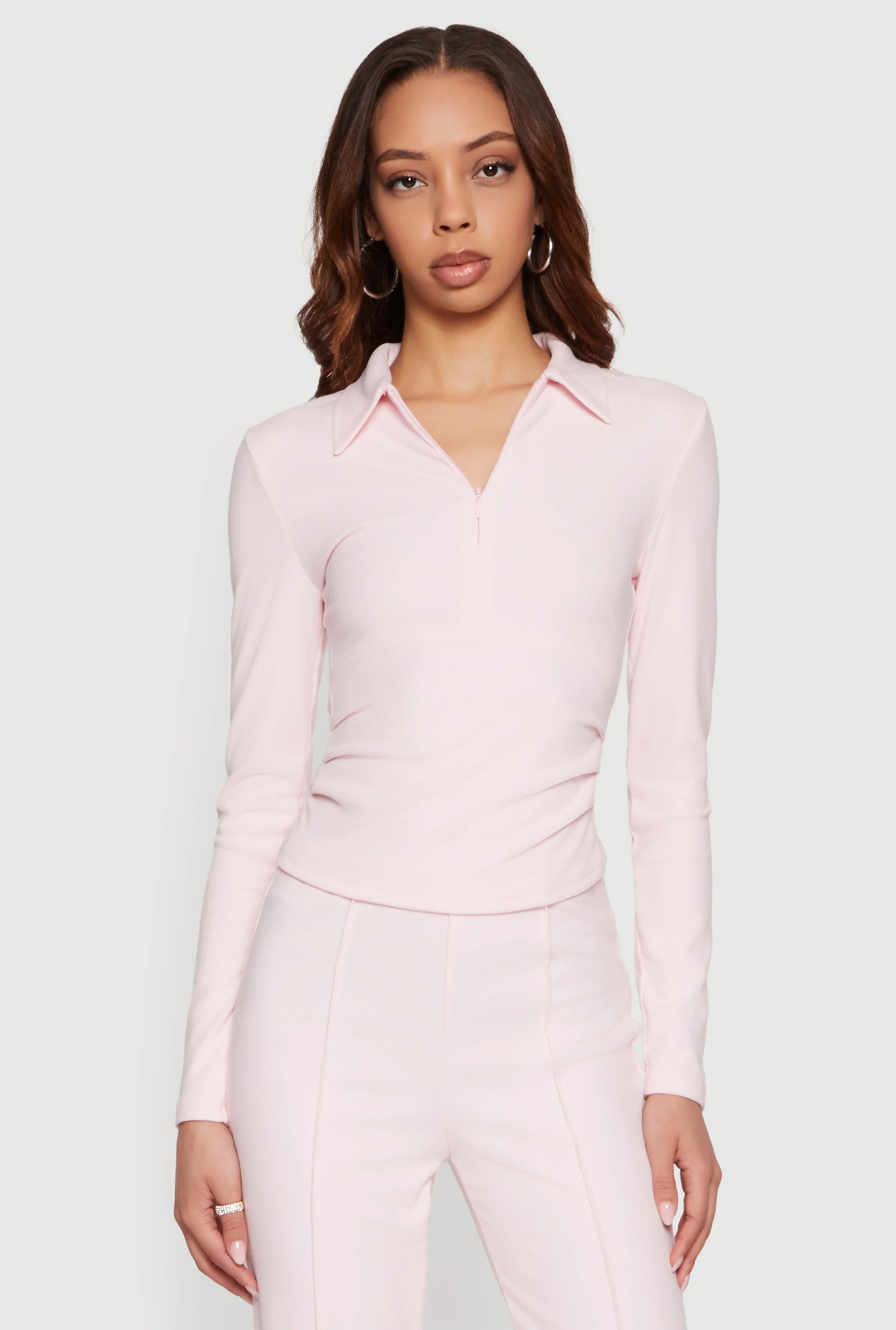 Brushed Knit Long Sleeve Zip Front Polo Shirt
