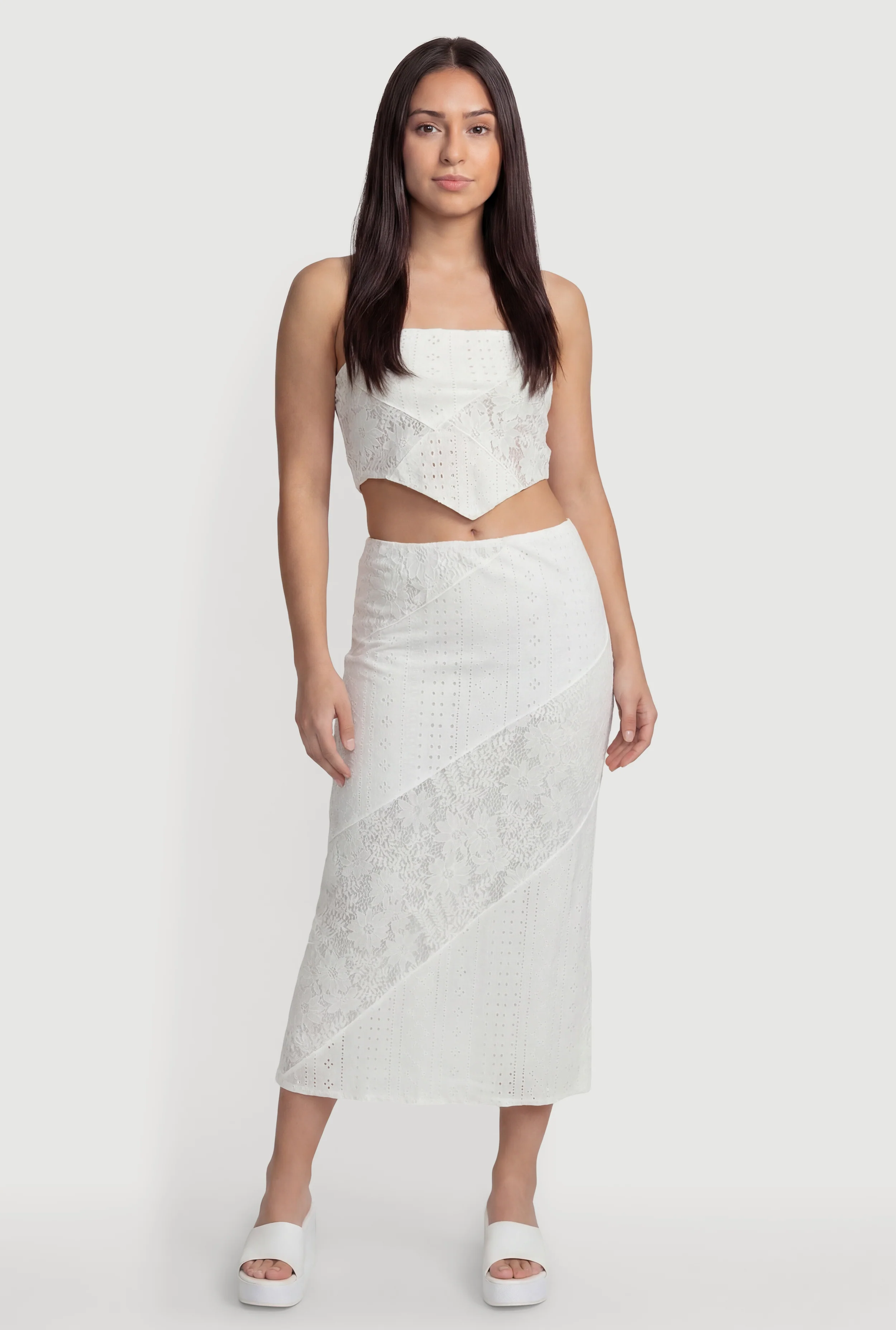 Pointelle Knit Lace Patchwork Midi Skirt