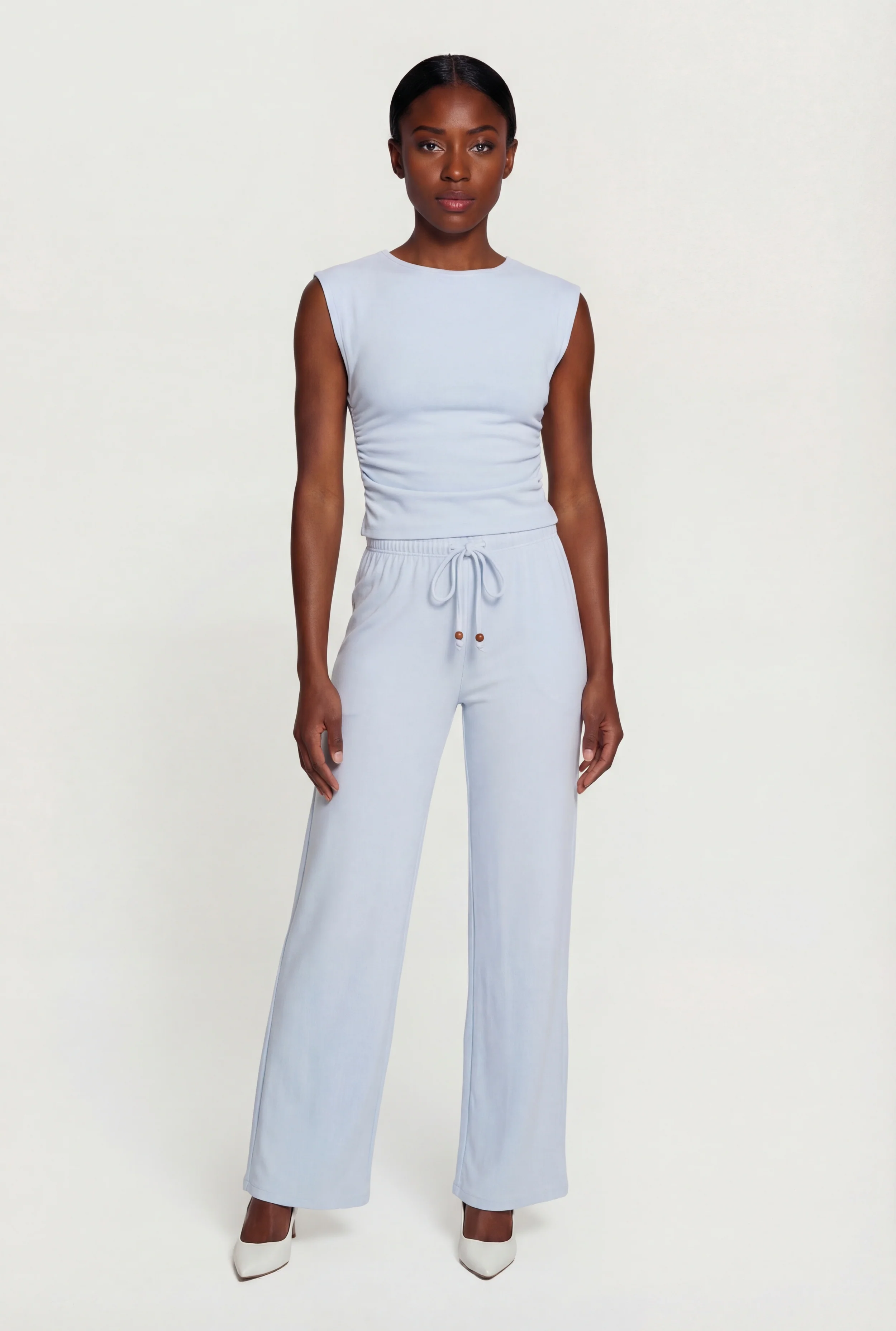Brushed Rib Knit Drawstring Waist Wide Leg Pants
