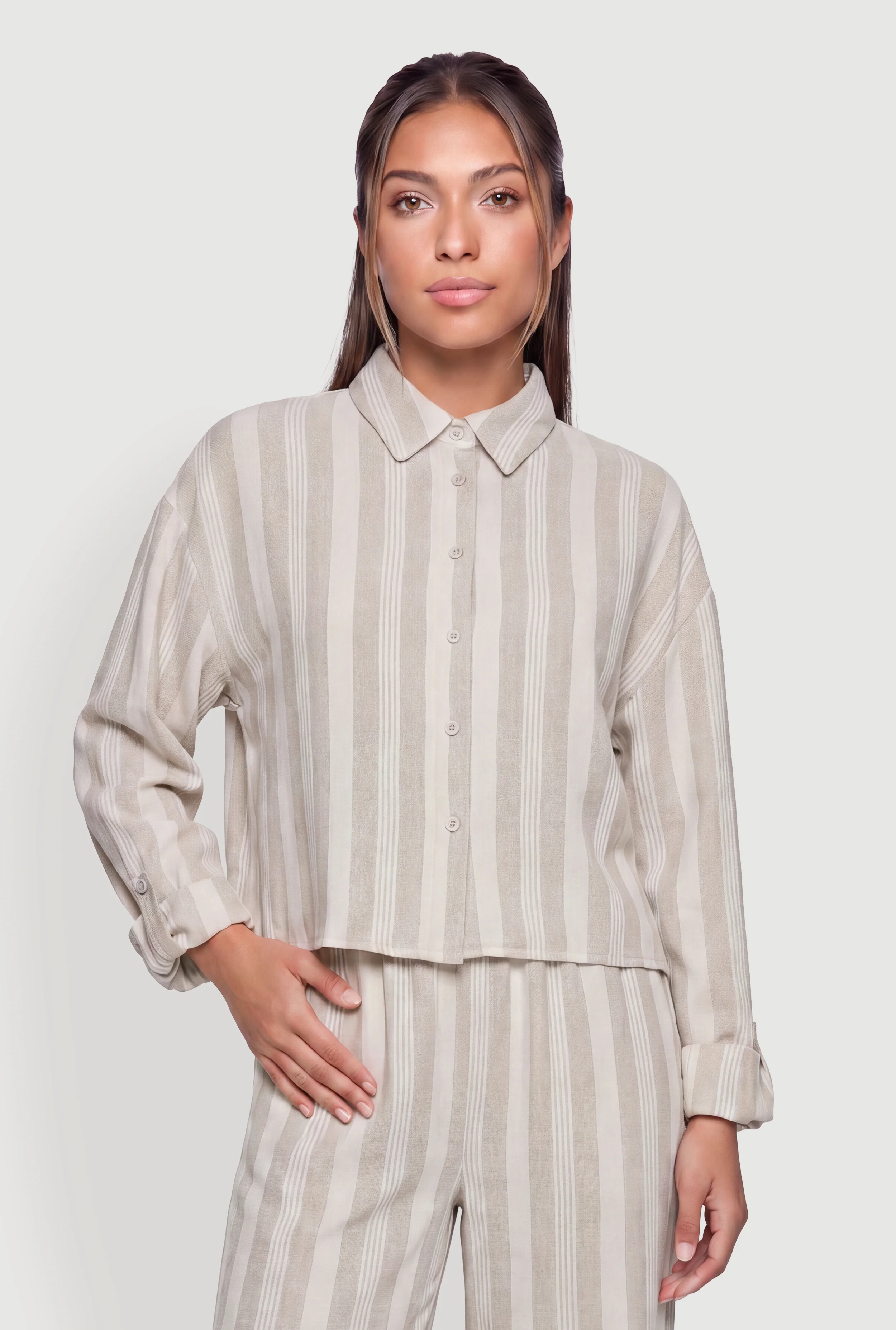 Striped Button Front Tab Long Sleeve Shirt