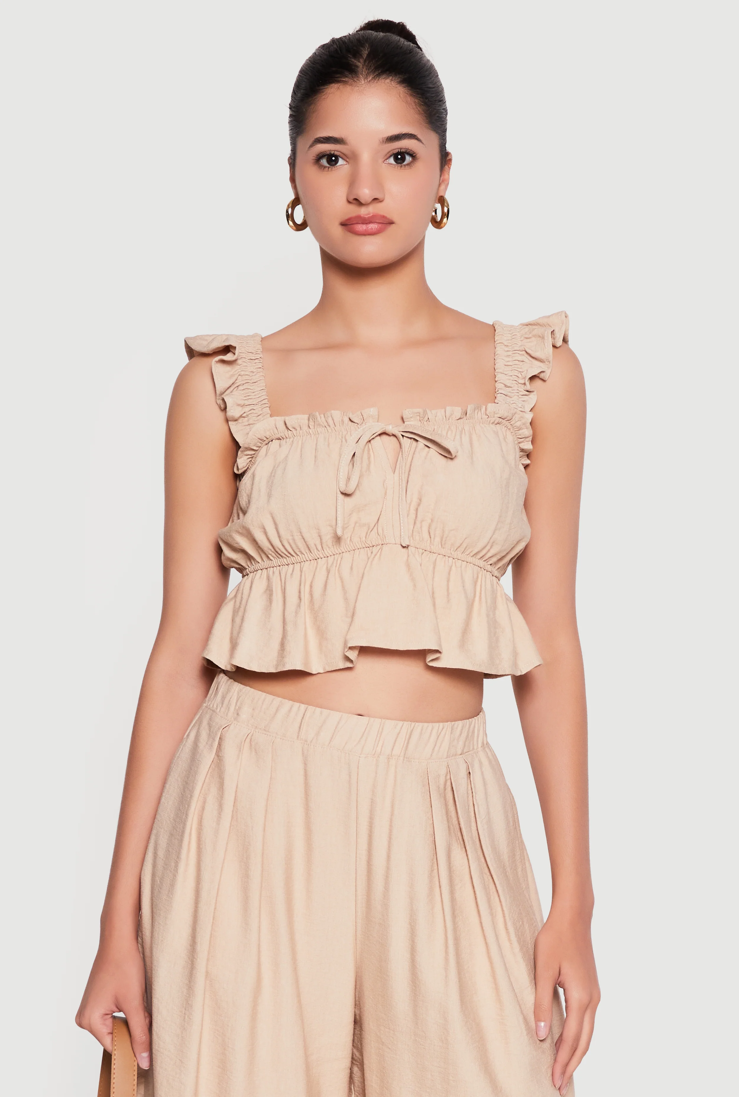 Ruffle Strap Tie Front Crop Peplum Top