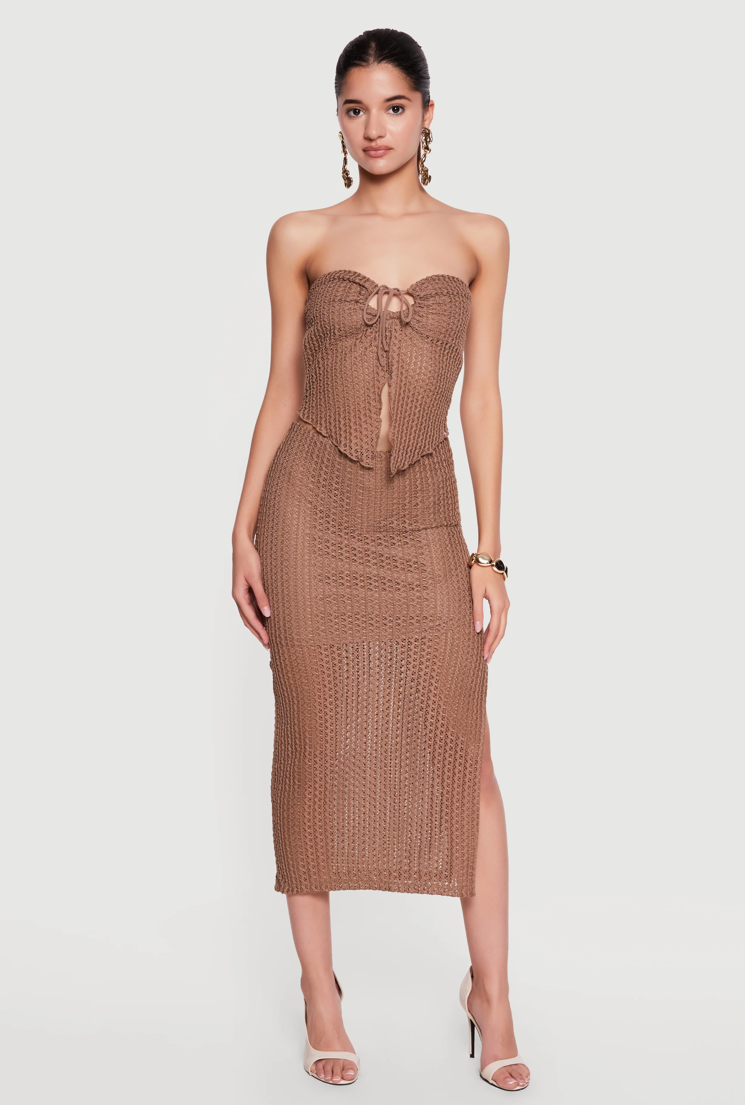 Side Slit Crochet Overlay Midi Skirt
