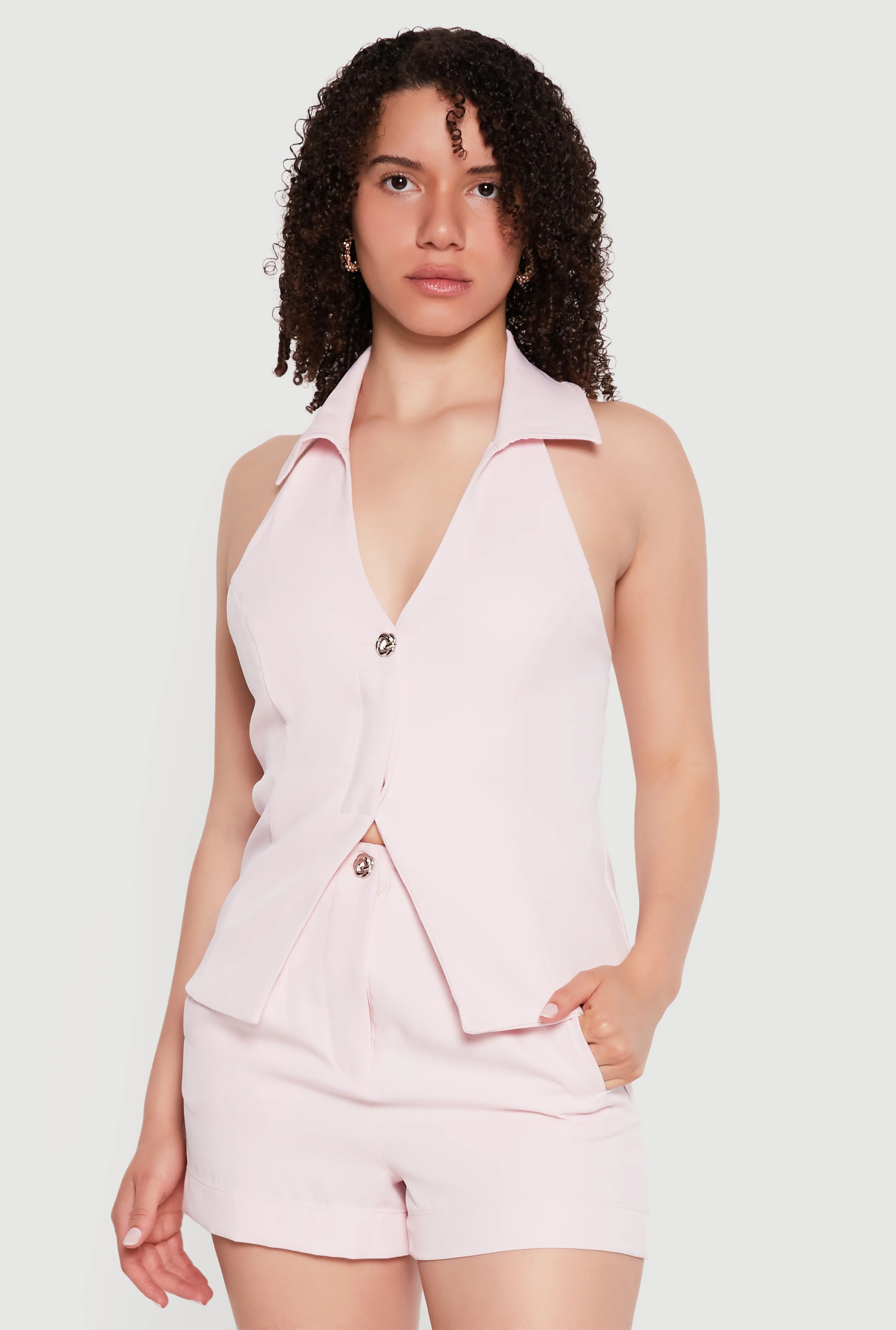 Crepe Knit Collared Halter Neck Waistcoat
