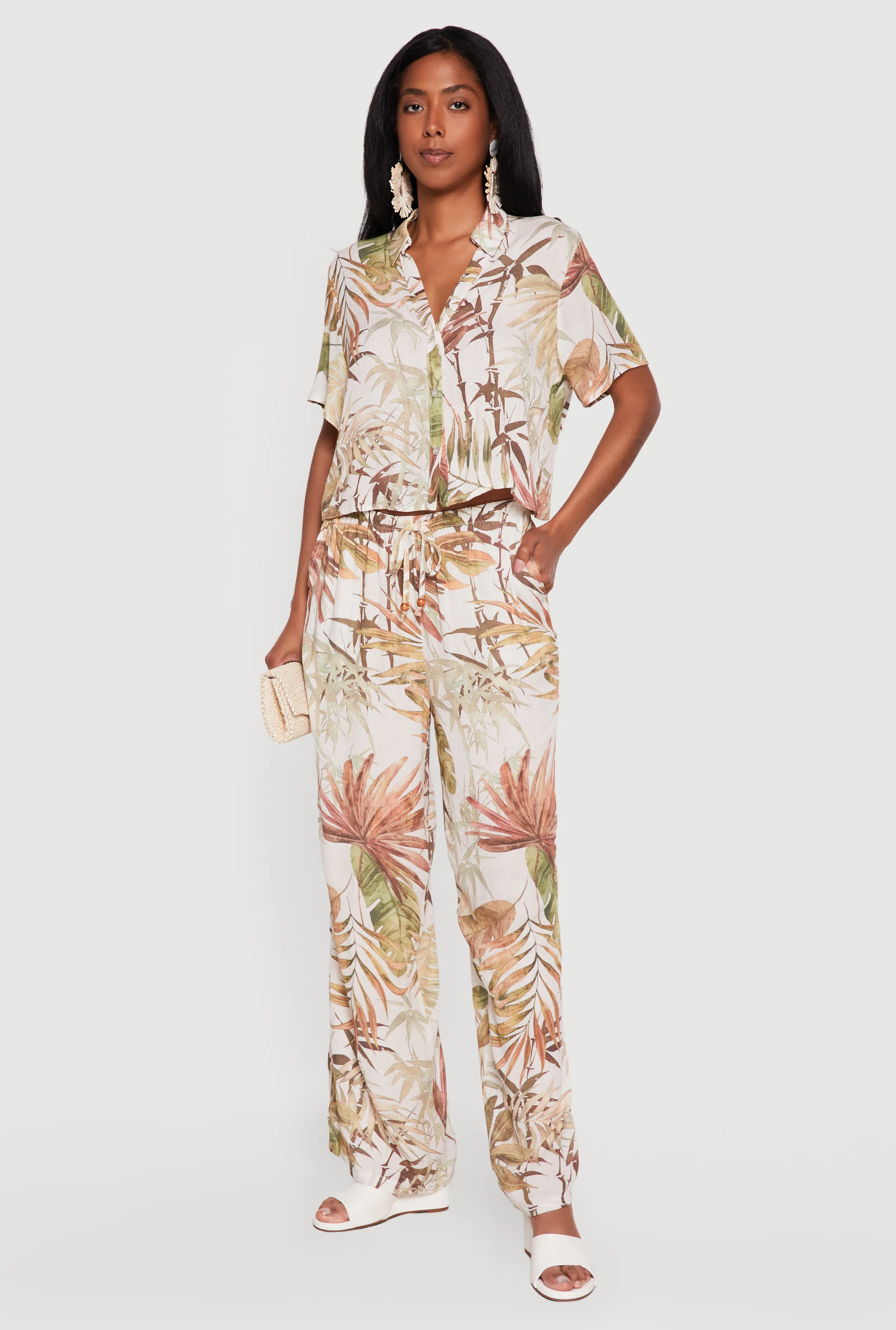 Leaf Print Wide Leg Pants