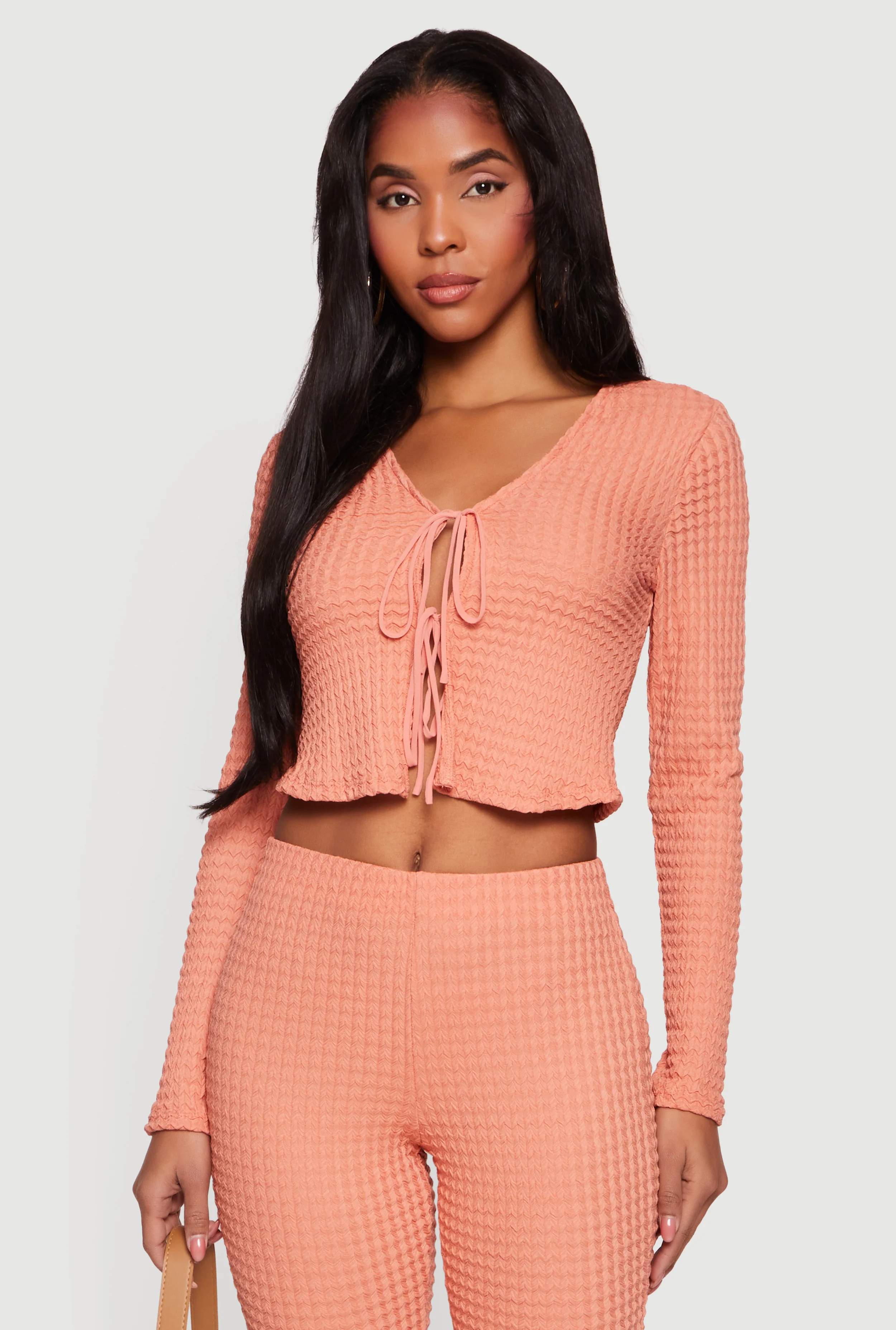 Textured Knit Tie Front Long Sleeve V-Neck Crop Top