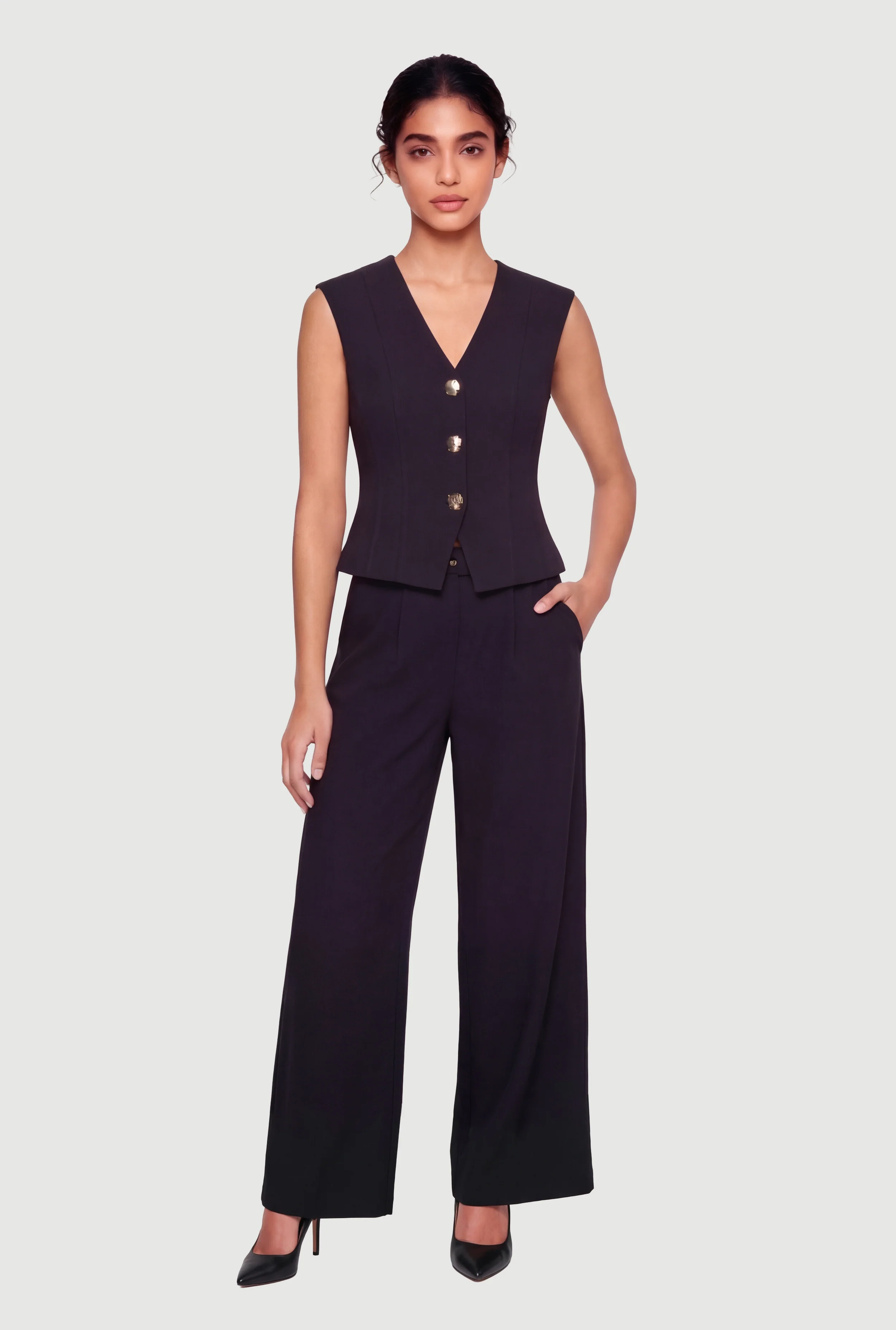 Solid High Waisted Wide Leg Dress Pants with Belt