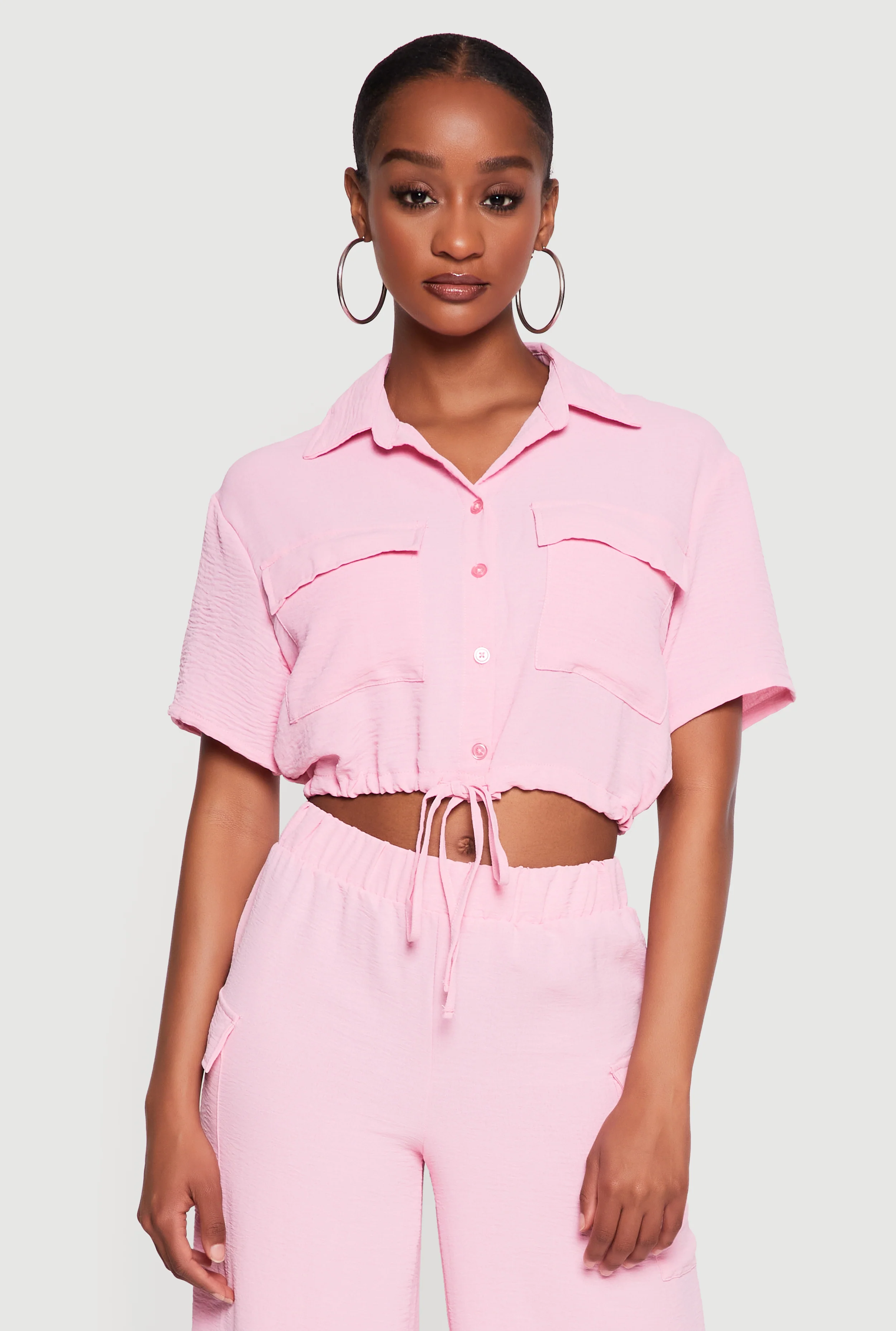 Crepe Knit Drawstring Hem Button Front Shirt