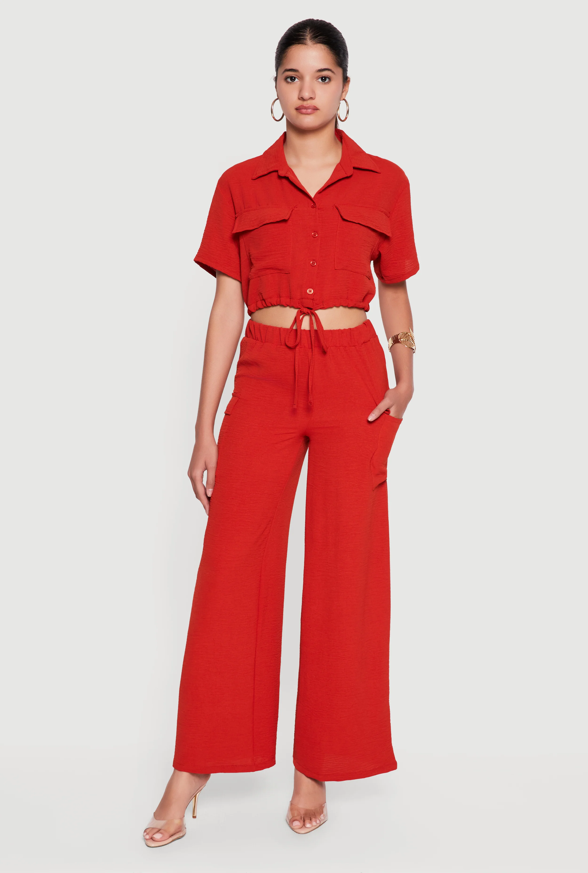 Elastic High Waisted Cargo Pocket Wide Leg Pants