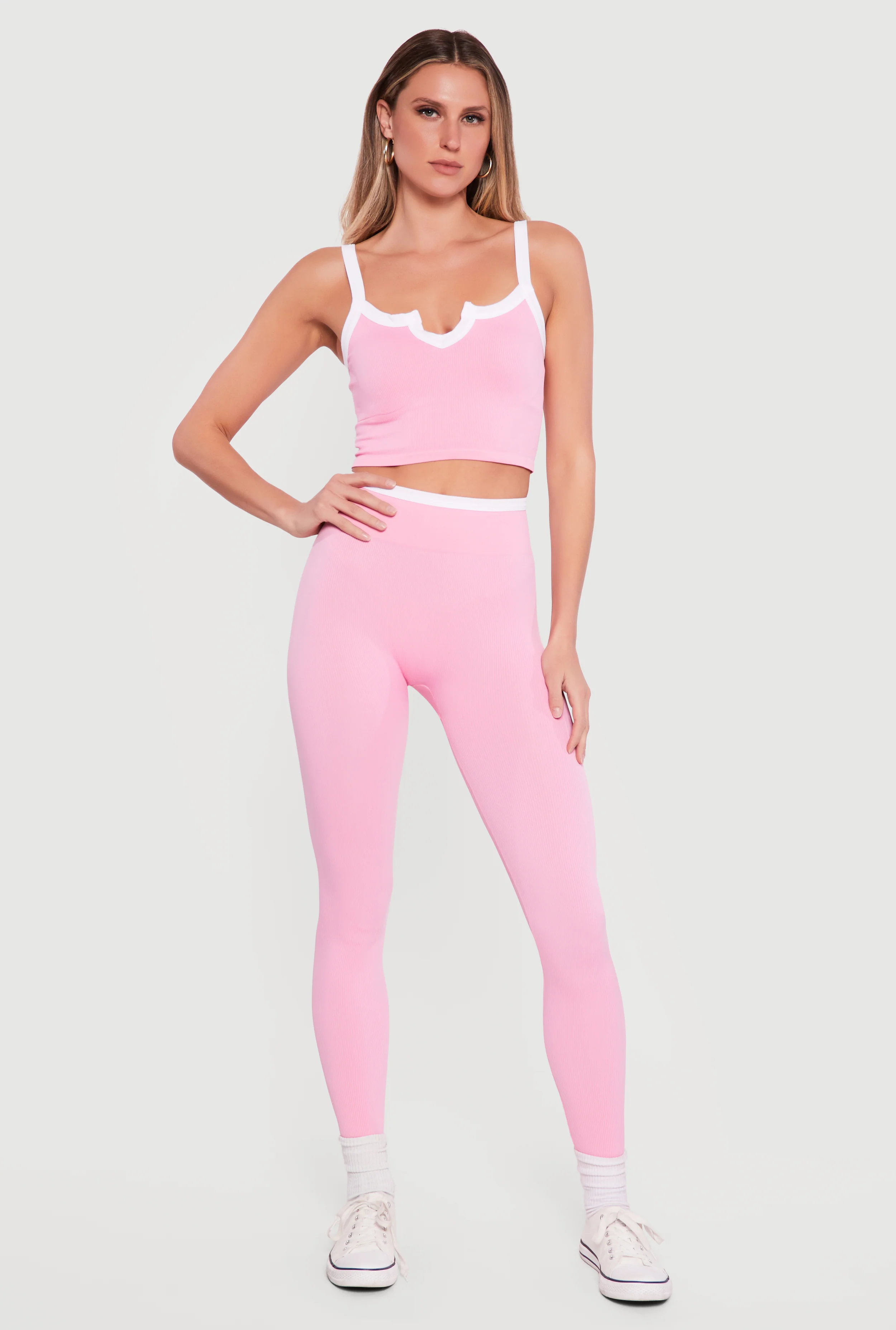Contrast Trim Cropped Notch Neck Cami and Leggings Set