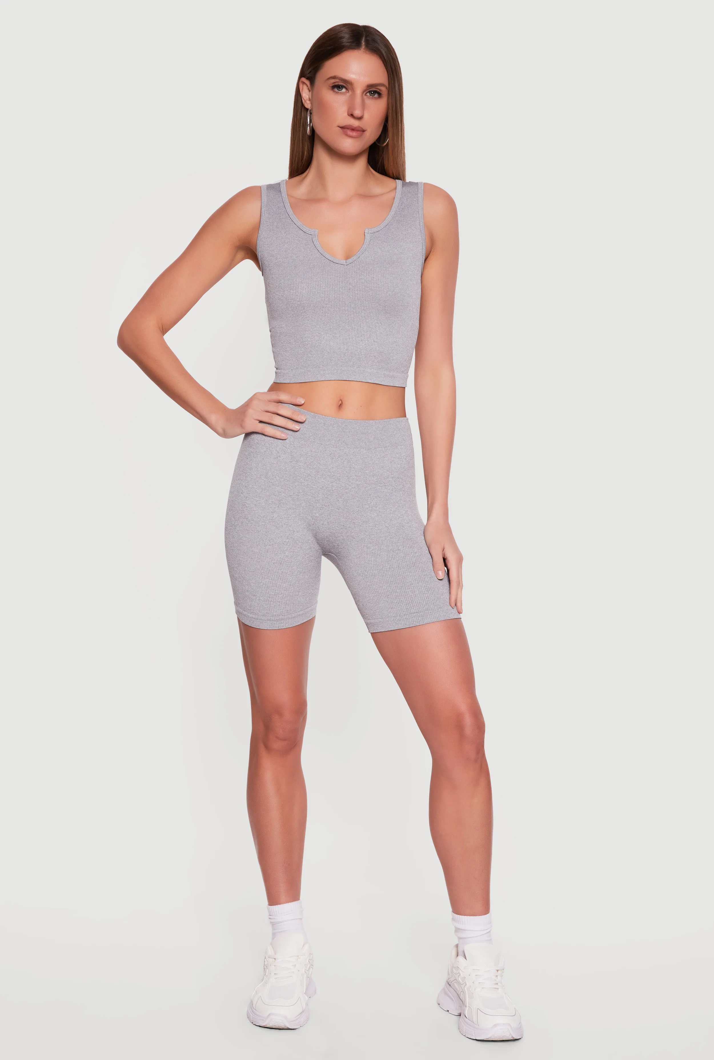 Ribbed Notch Neck Cropped Tank Top and Bike Shorts Set