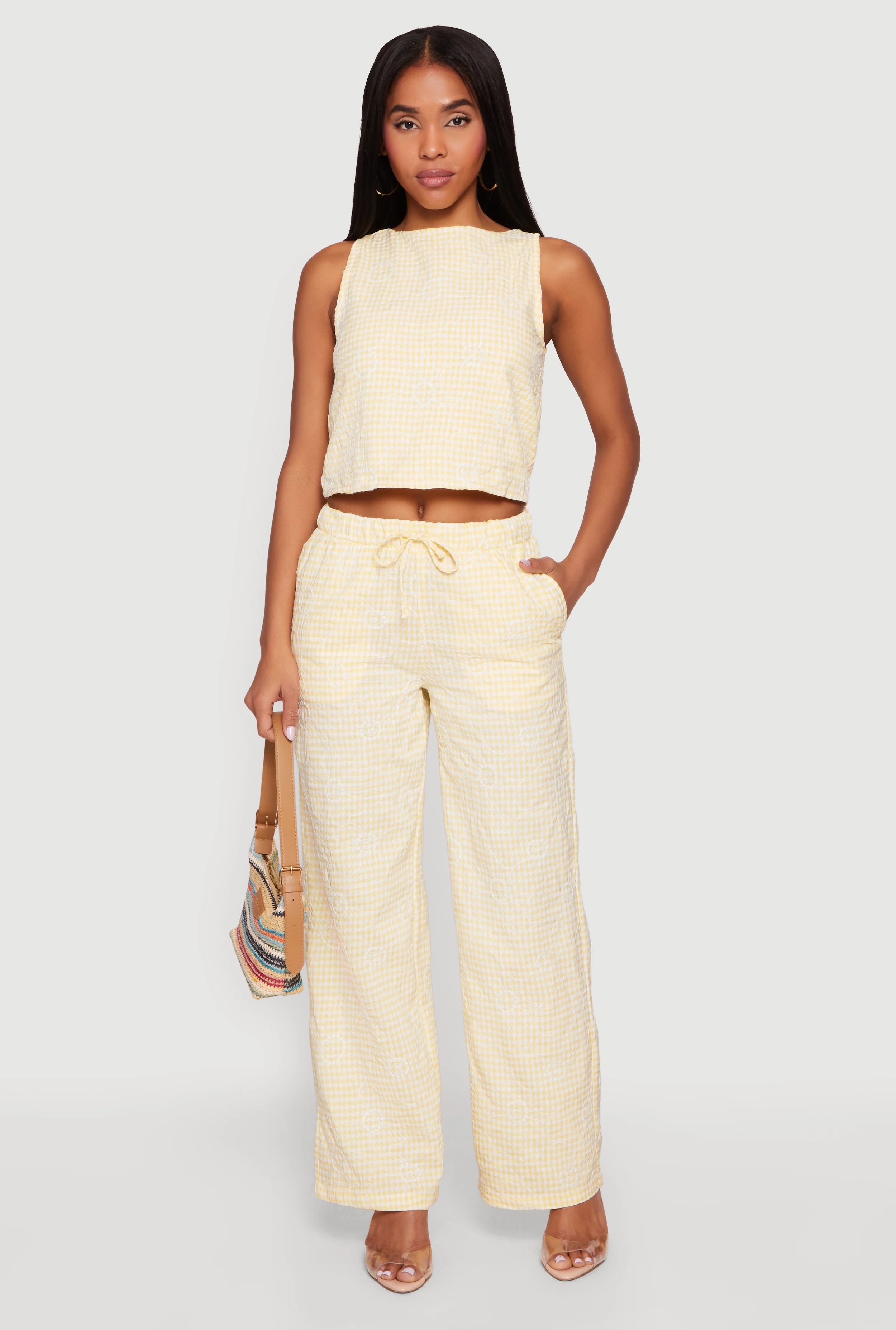 Floral Decorative Stitch Gingham Drawstring Waist Pants