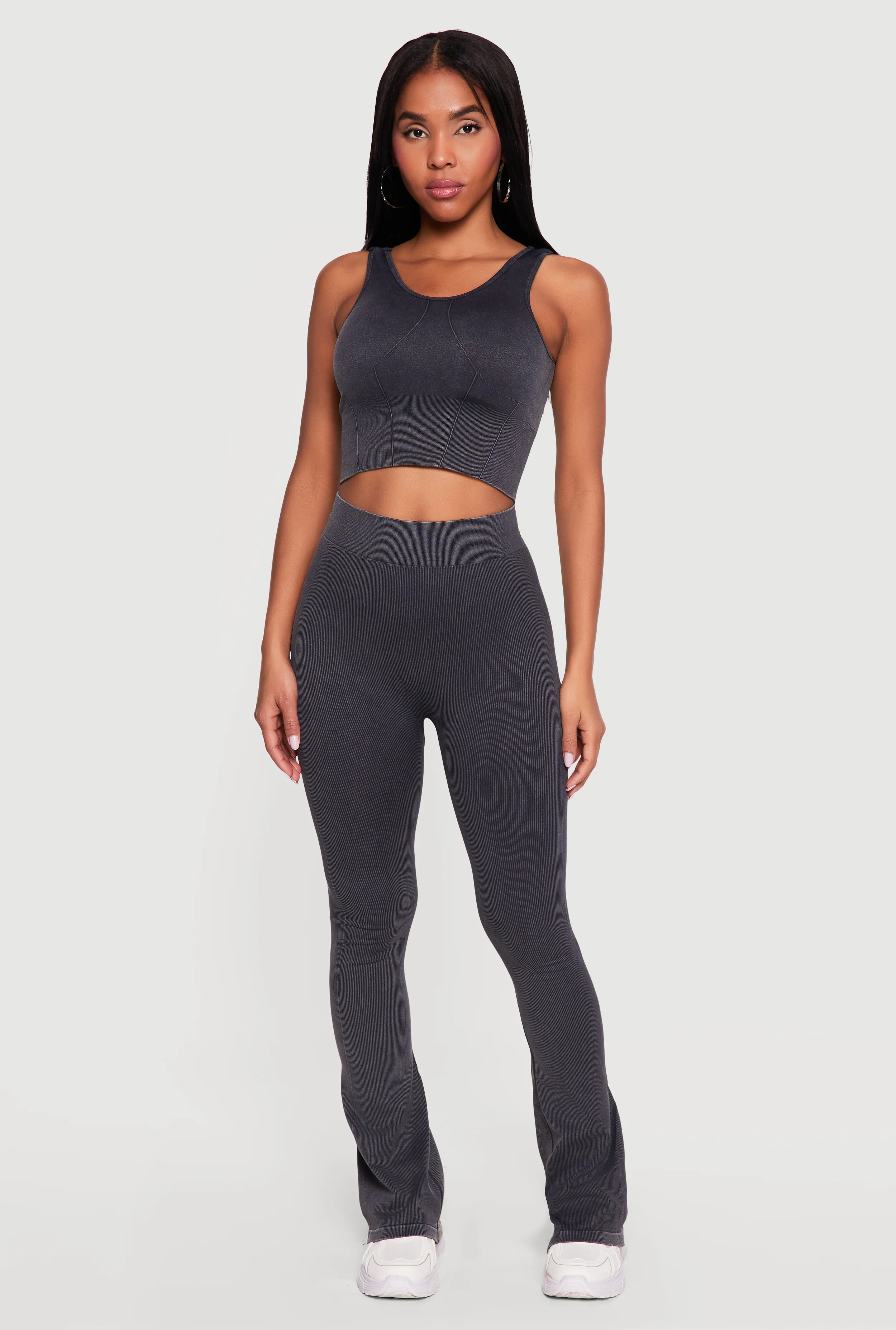 Acid Wash Ribbed Cropped Tank Top and Flare Leggings Set