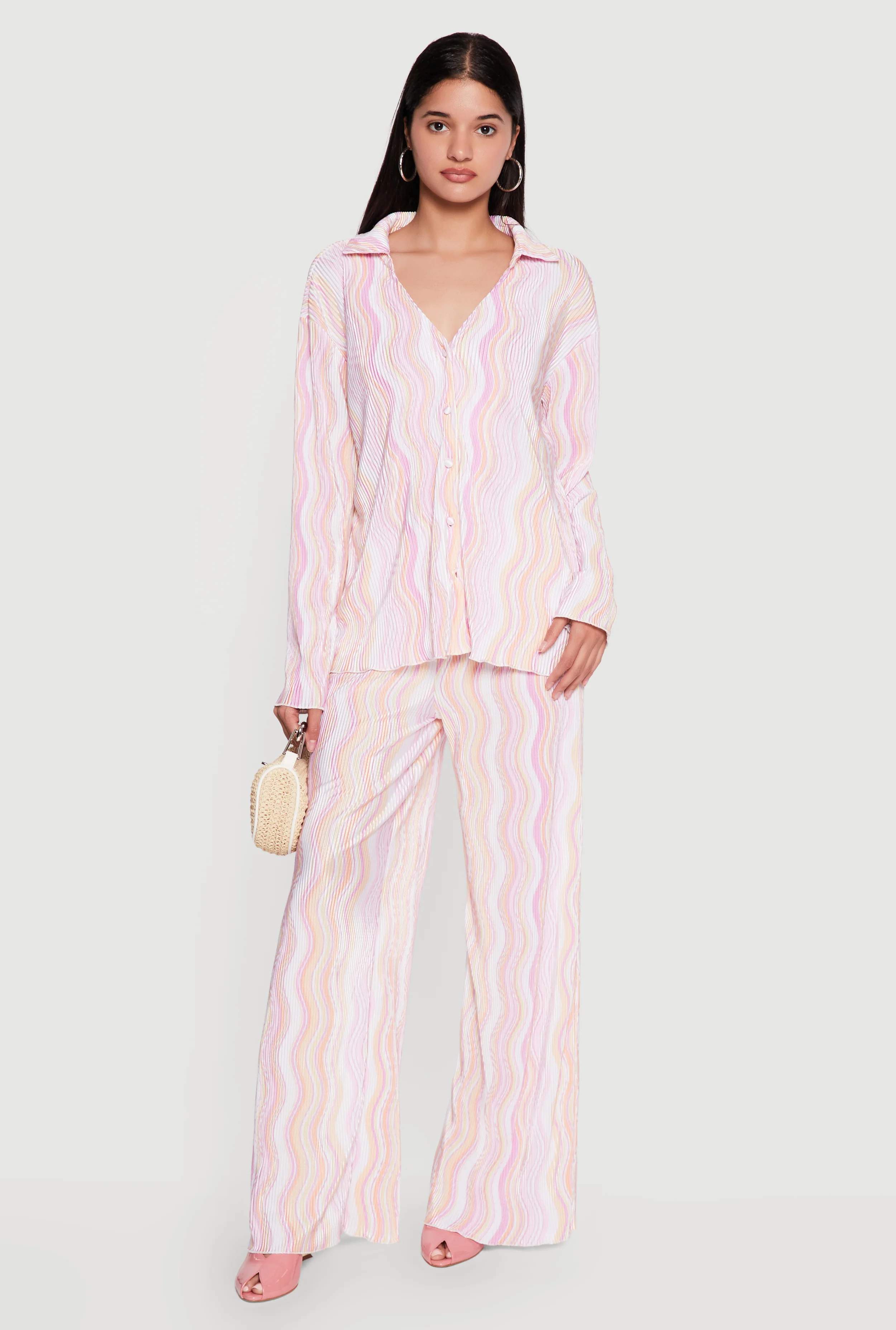 Plisse Wavy Stripe High Waisted Pull On Pants