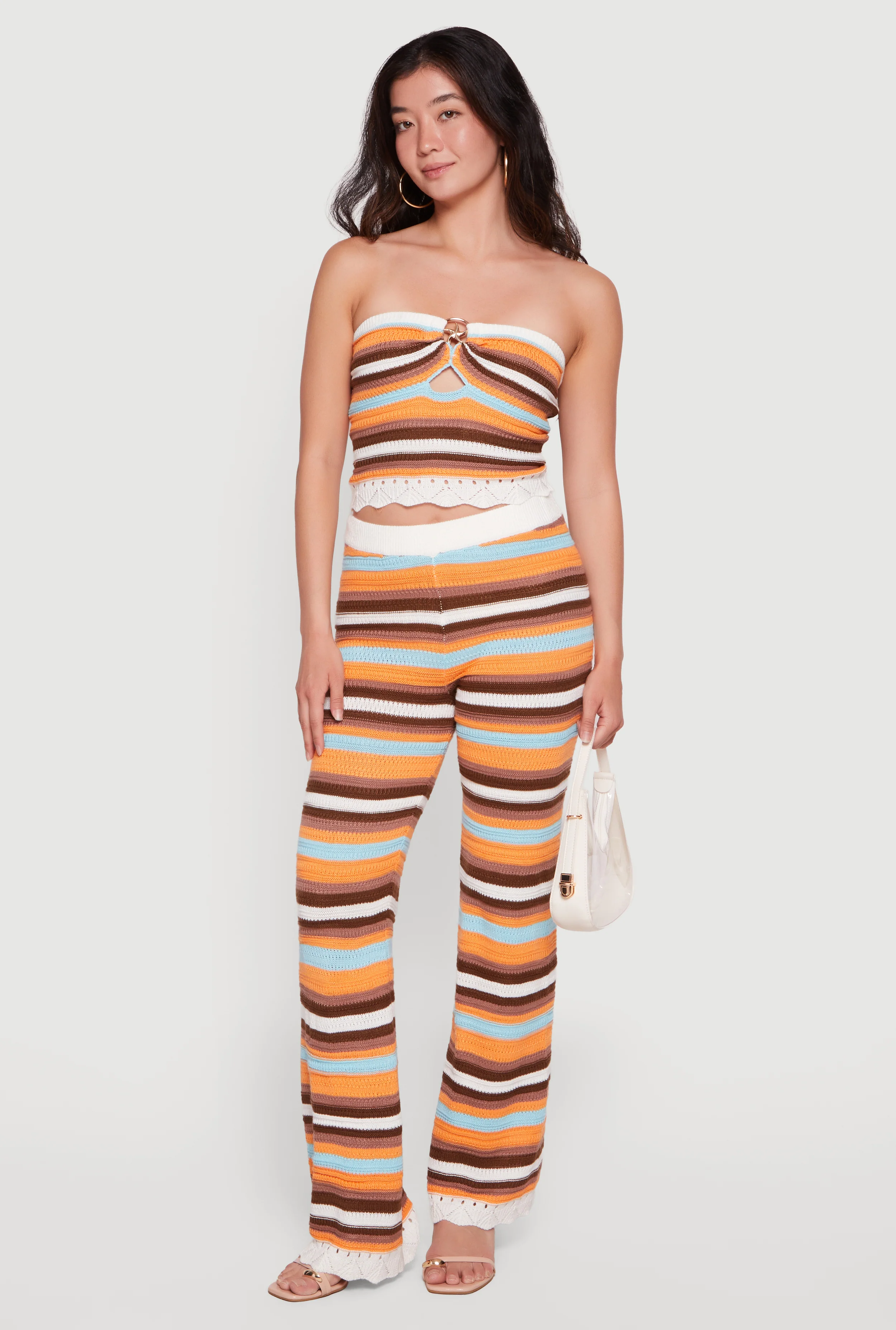 Pointelle Knit Hem Striped Flare Leg Crochet Pants