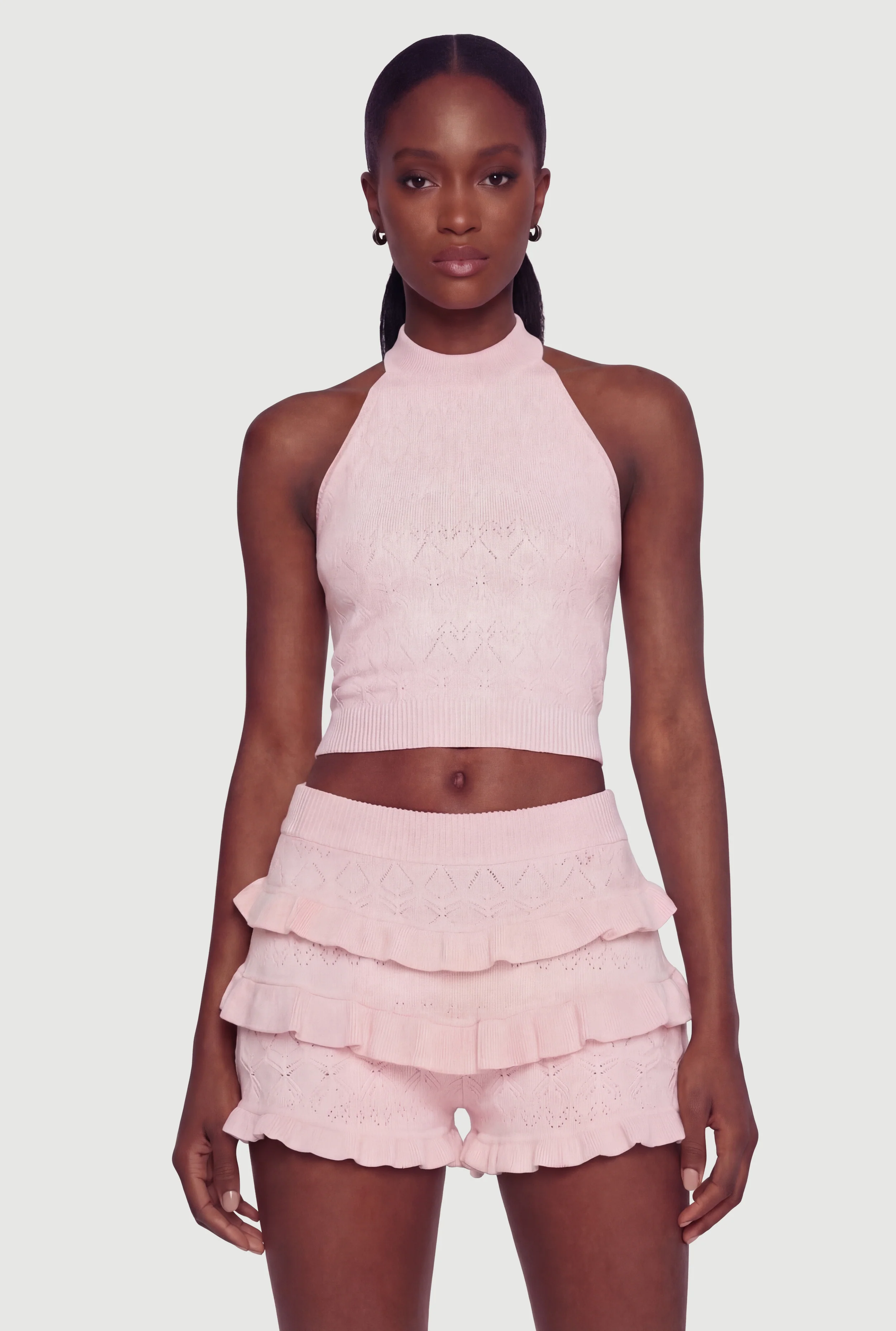 Pointelle Knit Halter Crop Top