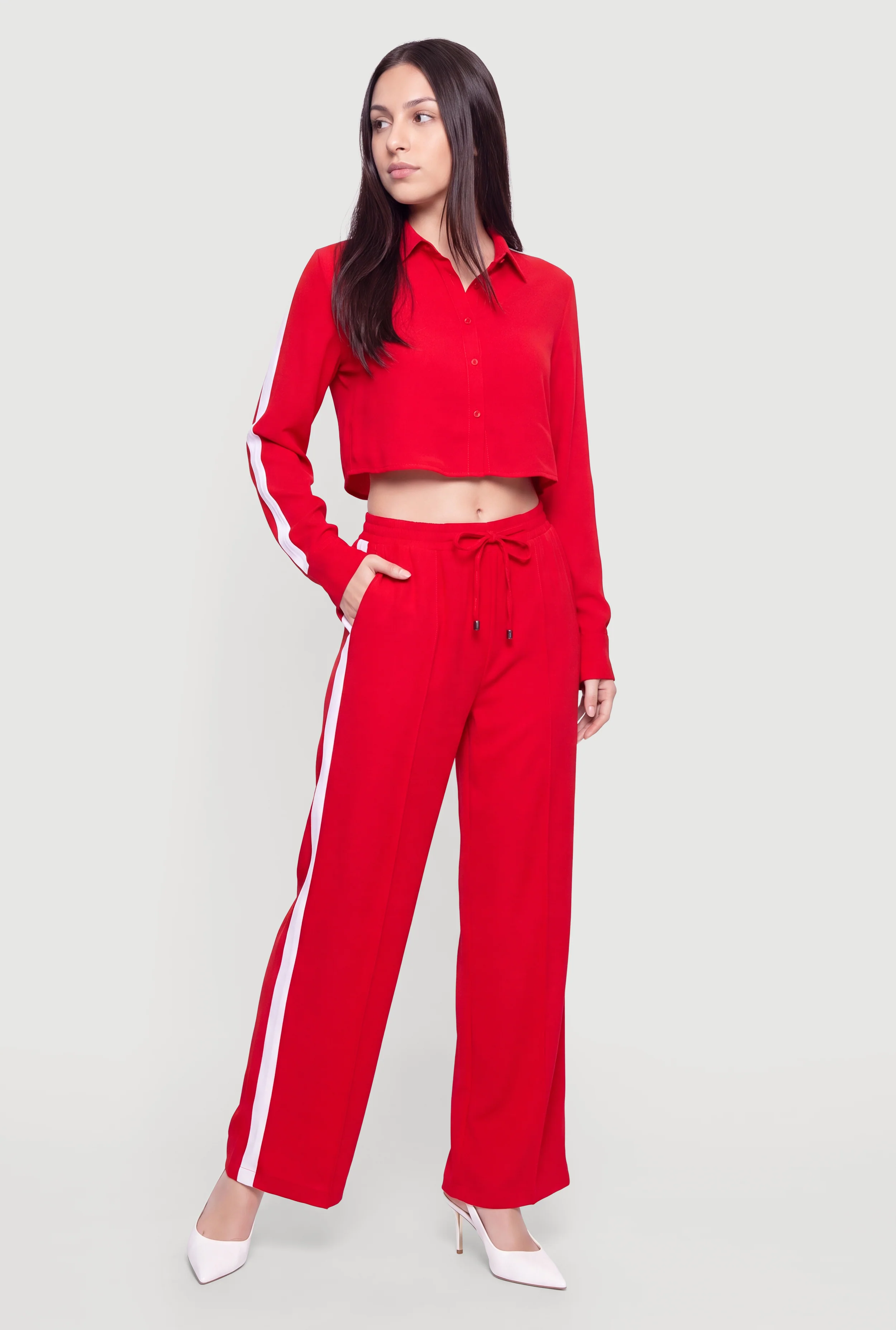 Contrast Trim Drawstring Waist Wide Leg Pants with Pintuck Detail