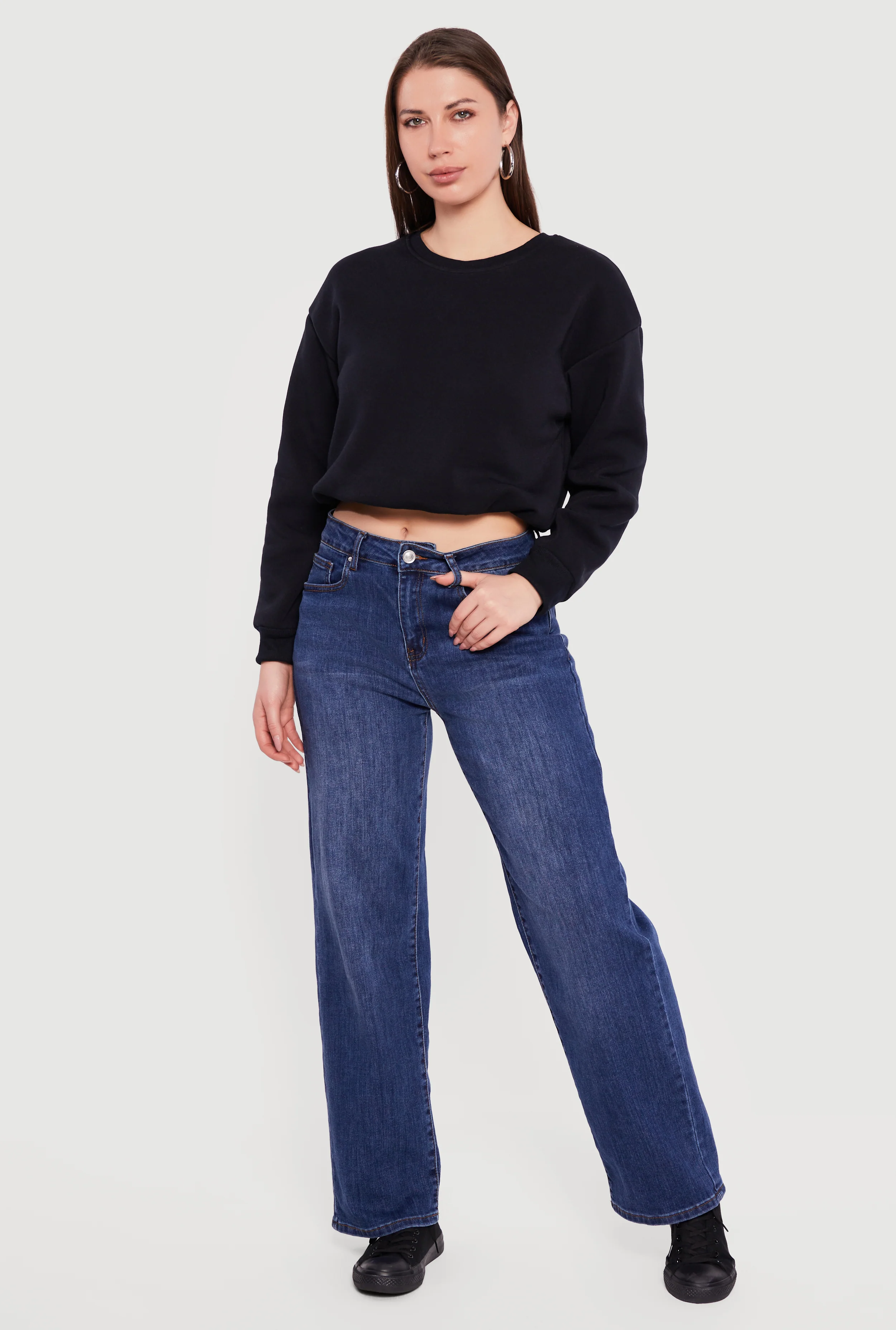 Long Sleeve Crew Neck Bubble Hem Cropped Sweatshirt