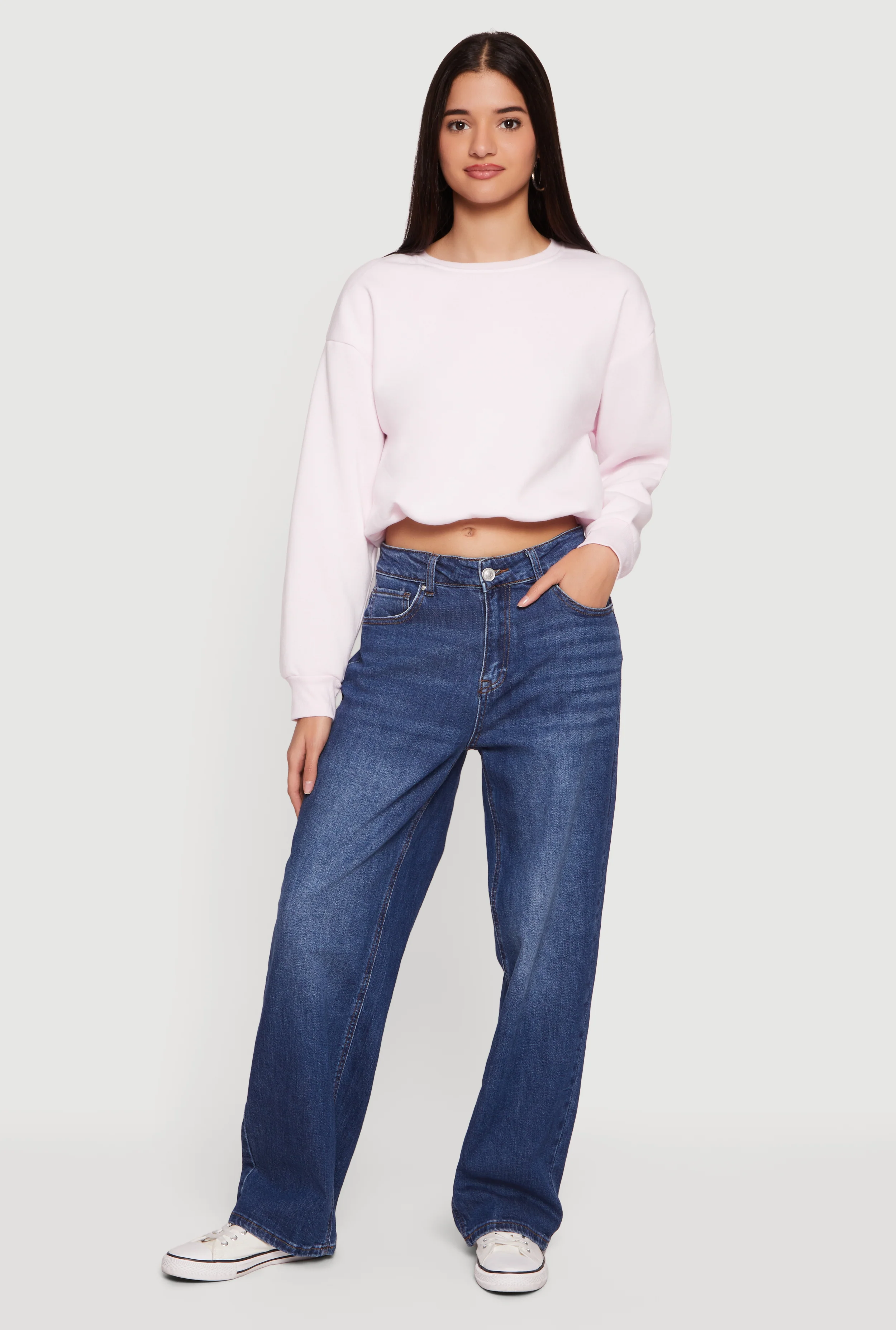 Long Sleeve Crew Neck Bubble Hem Cropped Sweatshirt