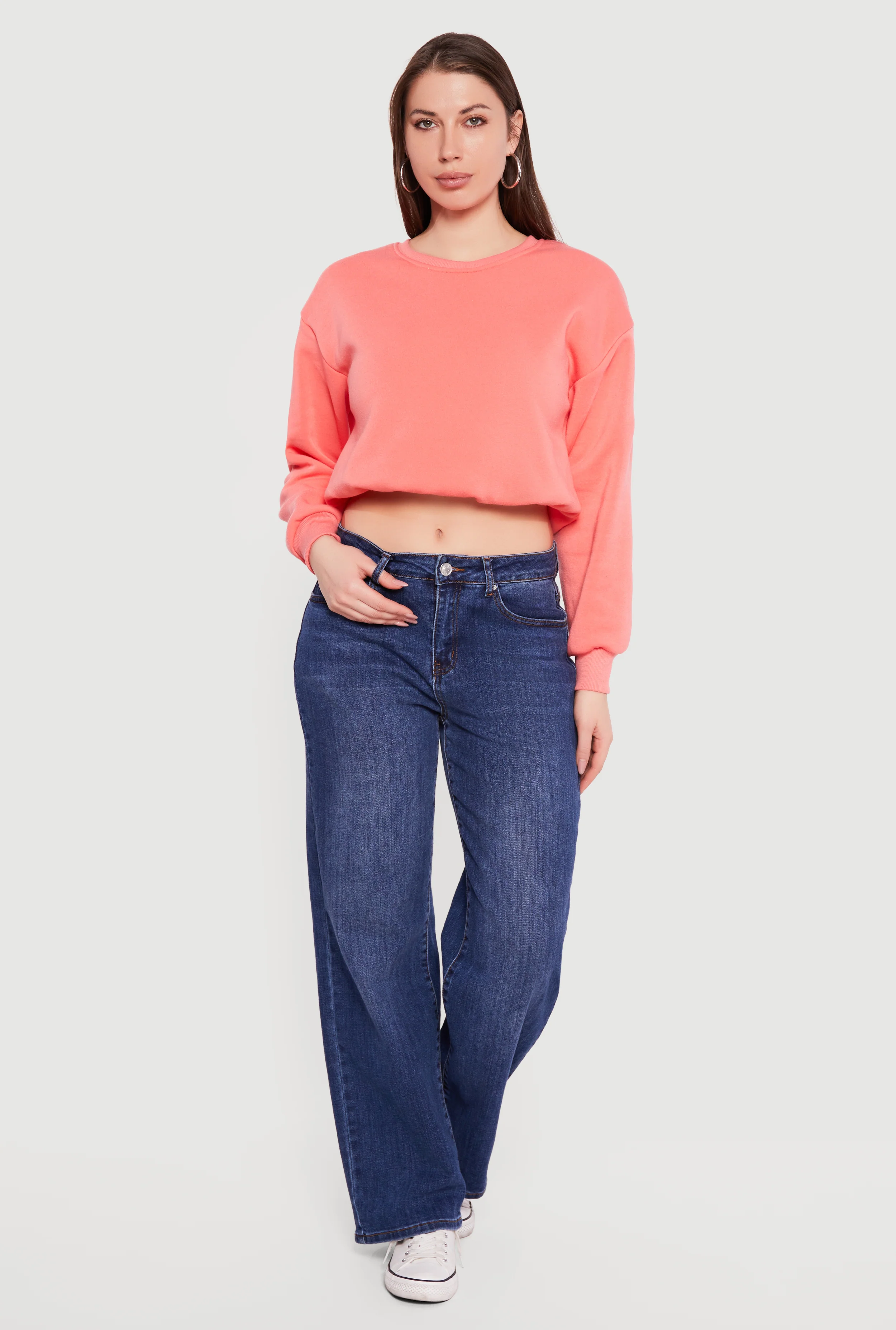 Long Sleeve Crew Neck Bubble Hem Cropped Sweatshirt