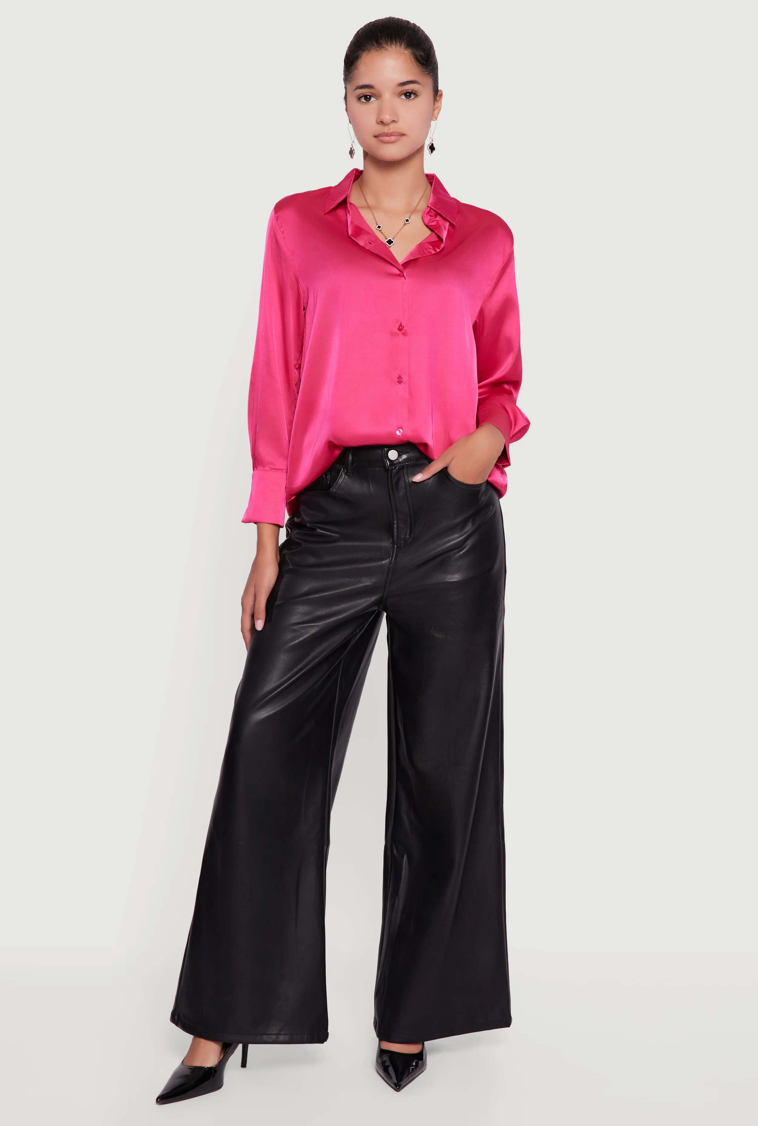 Satin Long Sleeve Button Front Shirt