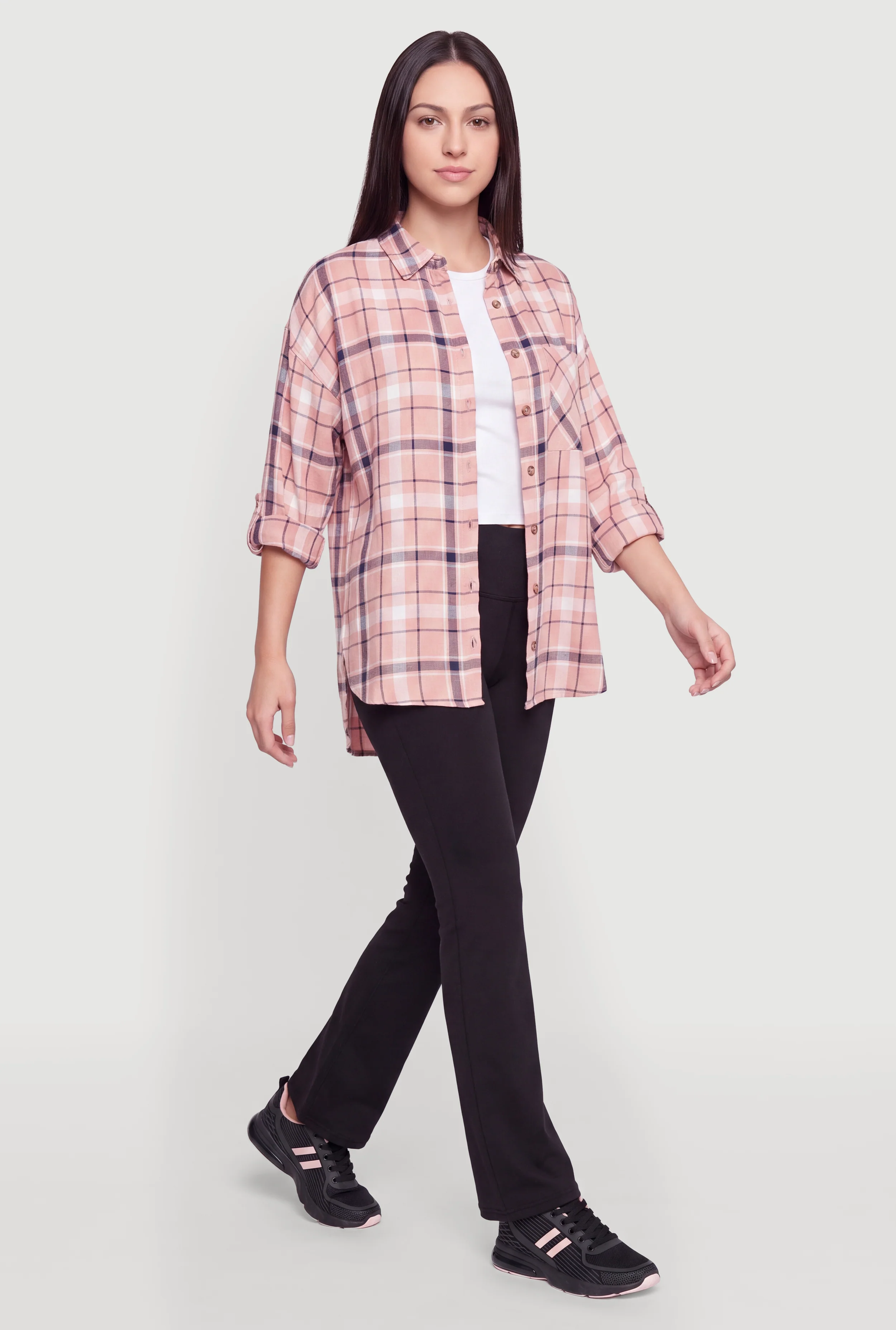 Plaid Roll Tab Sleeve Button Front Shirt