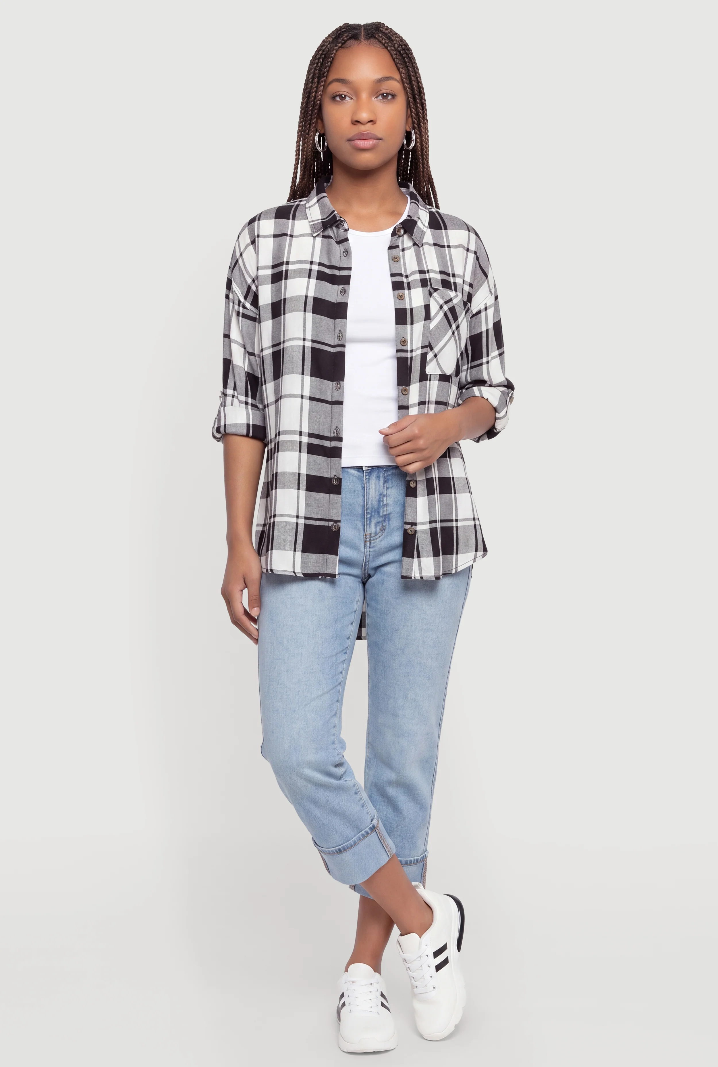 Plaid Button Front Tabbed Long Sleeve Shirt