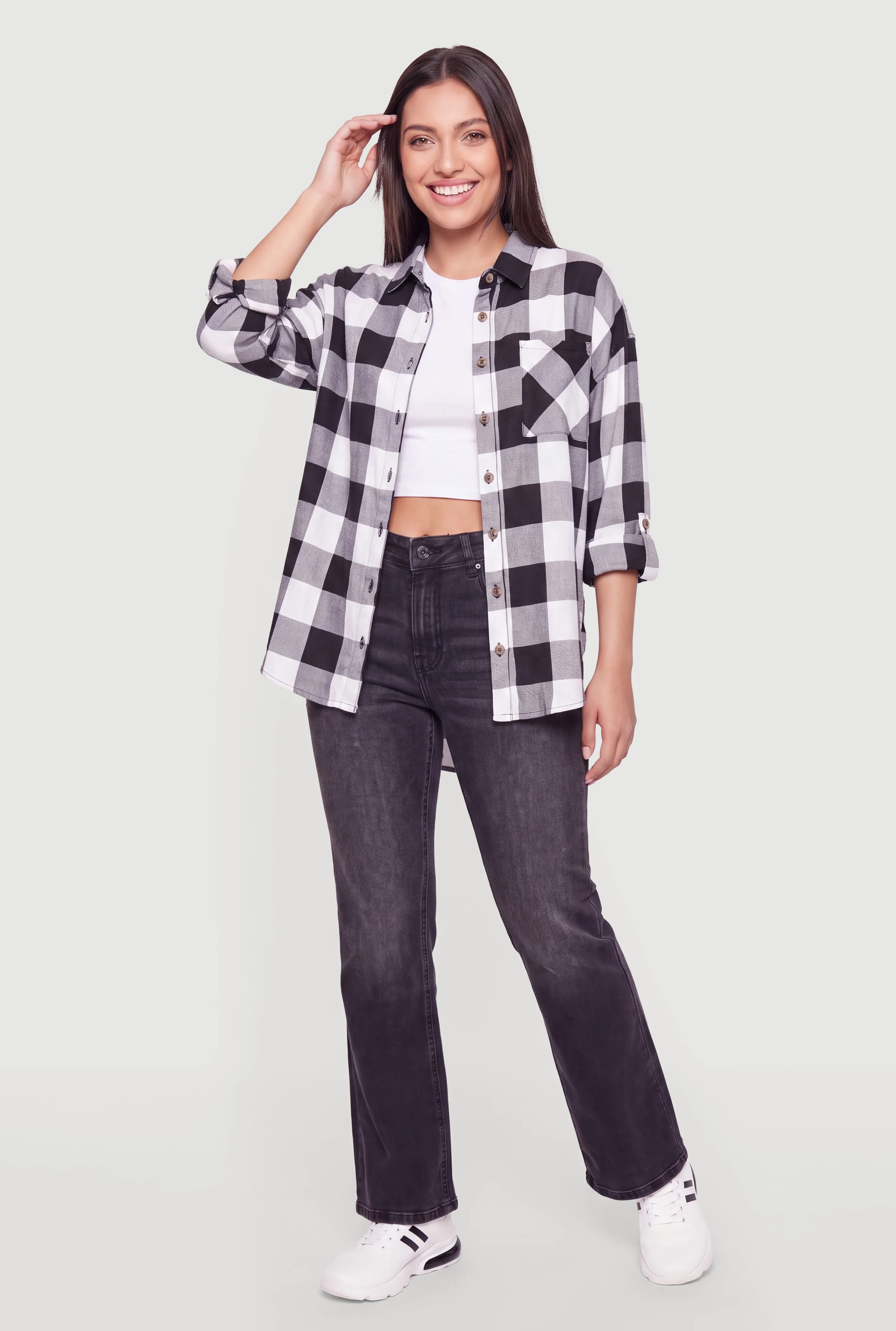 Buffalo Plaid Roll Tab Sleeve Button Front Shirt