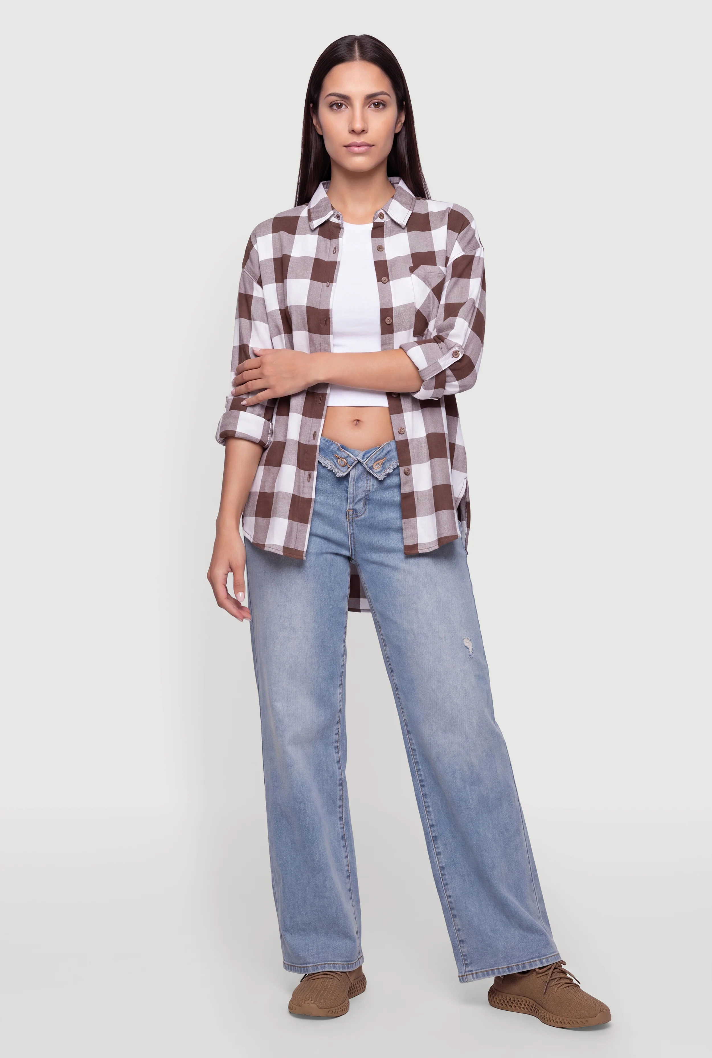 Buffalo Plaid Roll Tab Sleeve Button Front Shirt