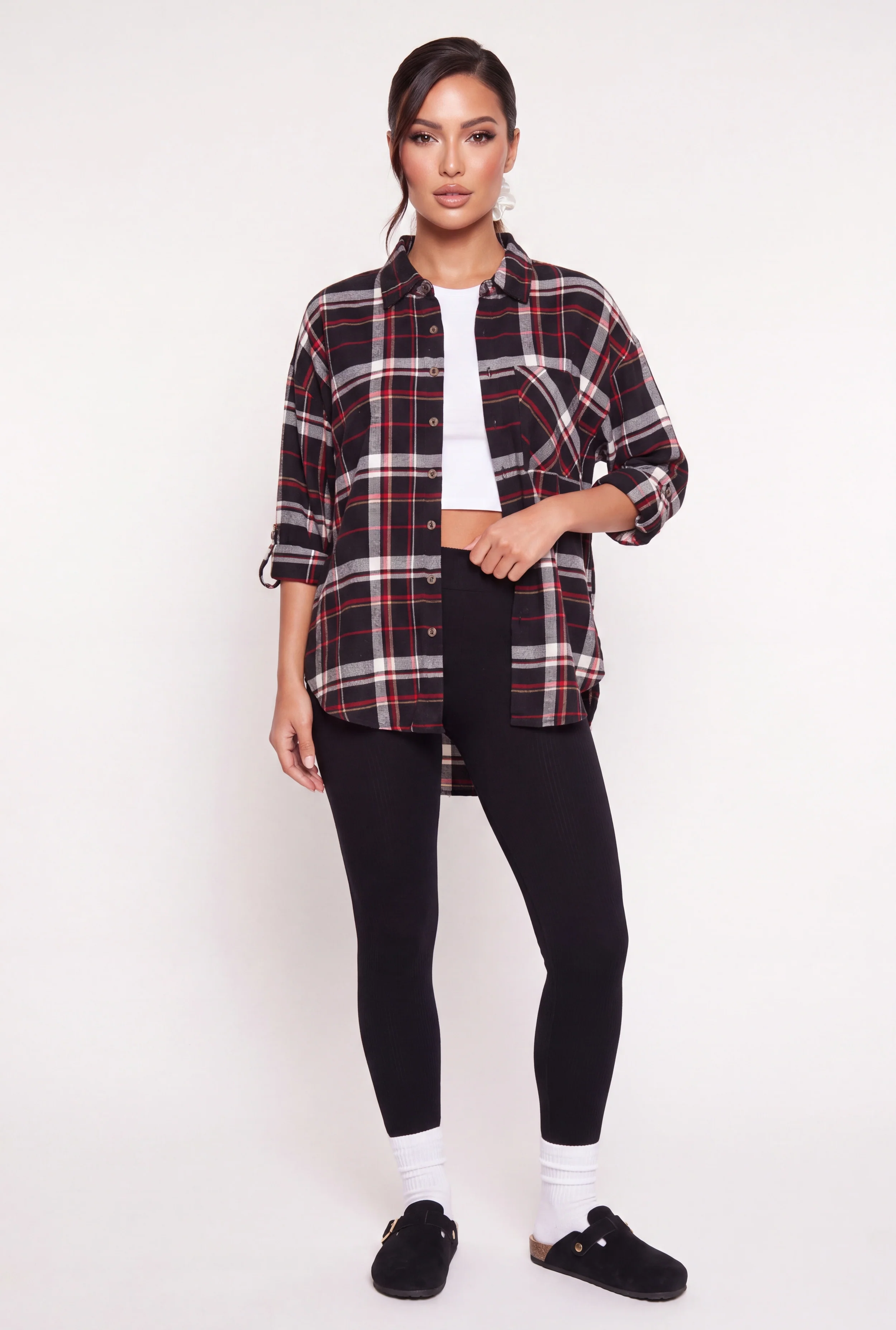 Plaid Button Front Roll Tab Sleeve Shirt