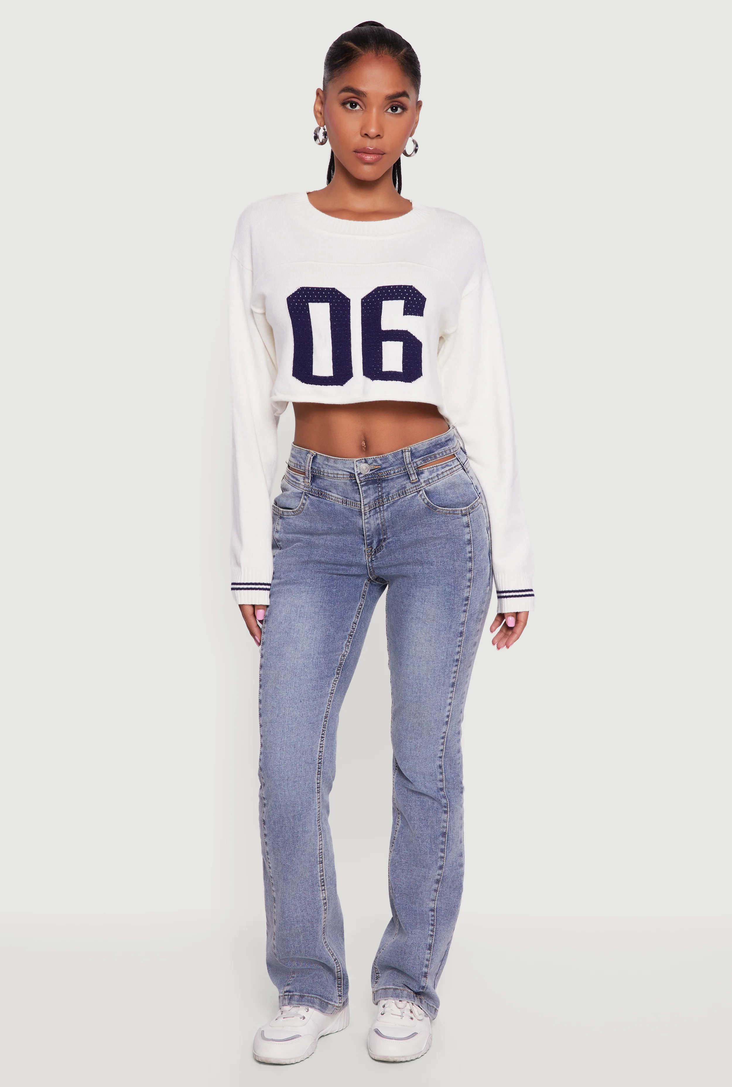 06 Graphic Varsity Stripe Detail Cropped Sweater