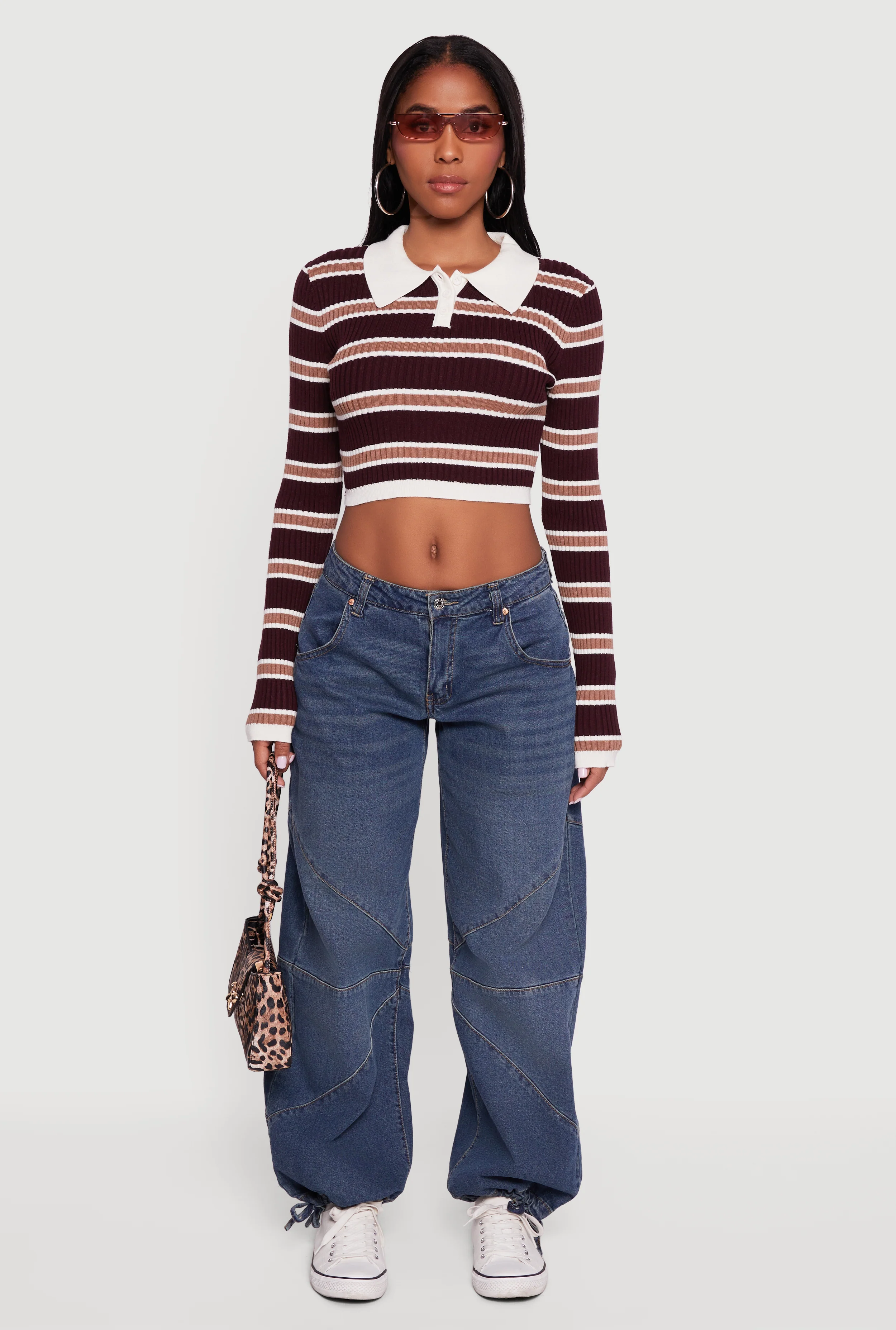 Striped Ribbed Knit Cropped Polo Sweater