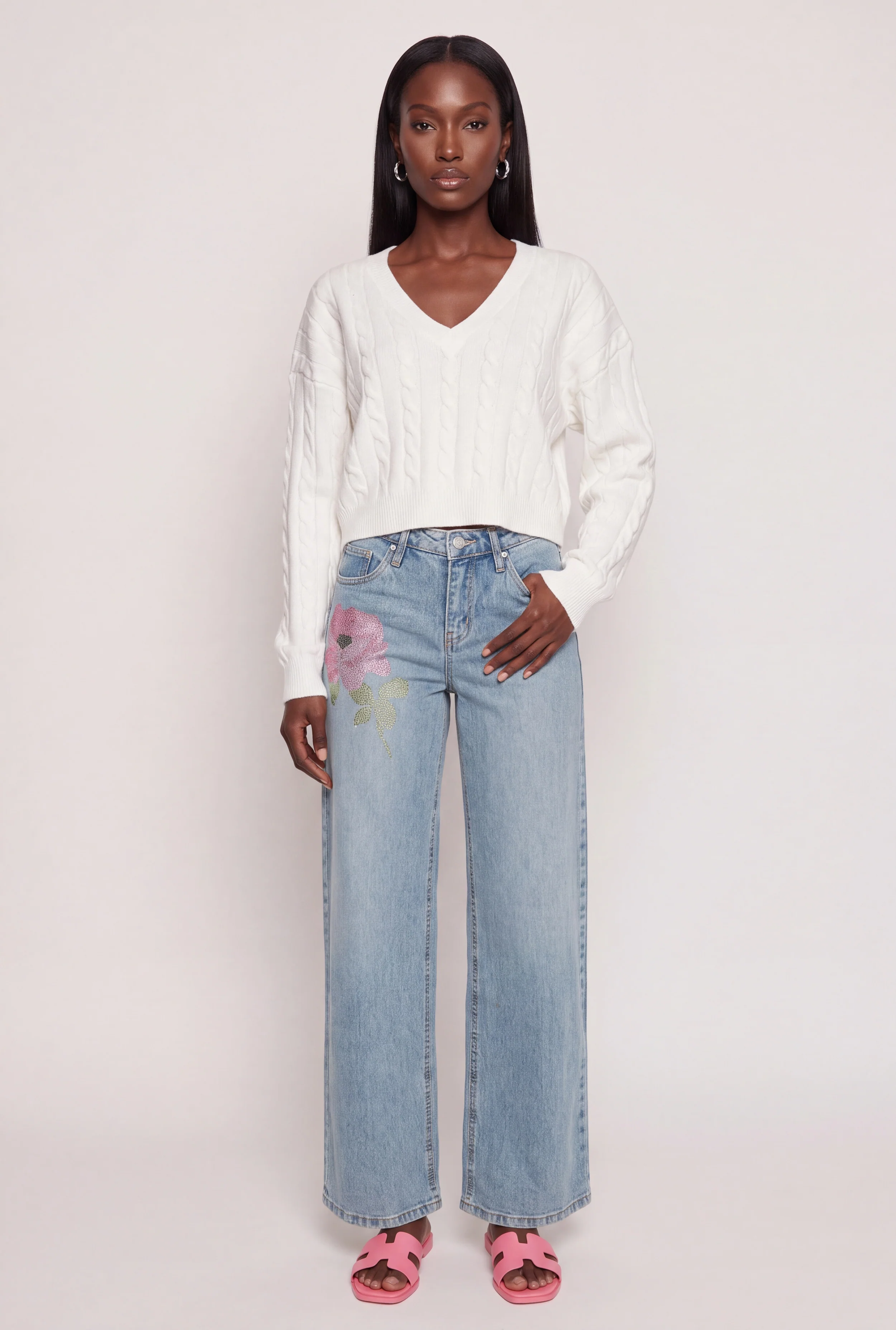 Cropped V Neck Cable Knit Sweater
