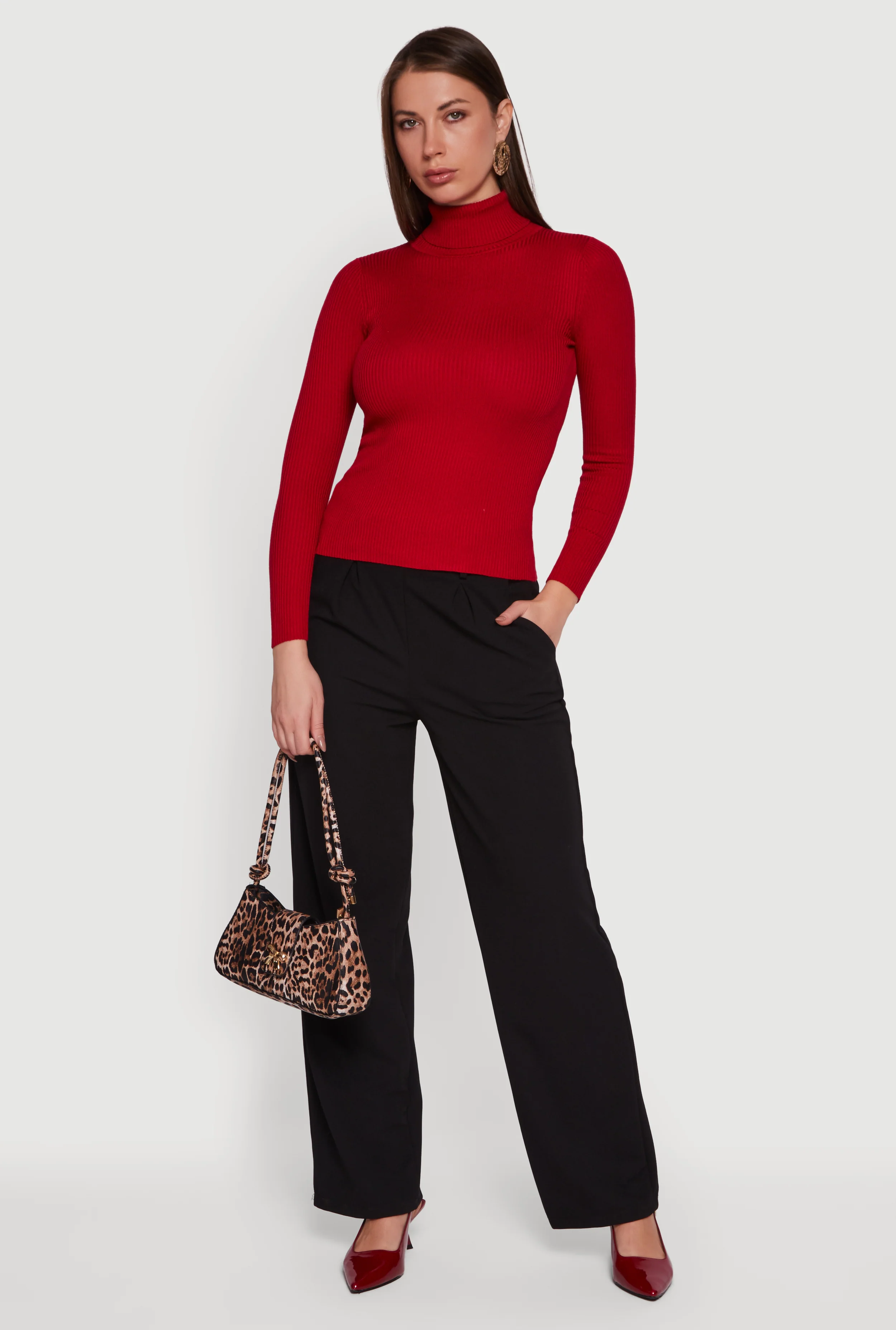 Solid Ribbed Knit Turtleneck Top