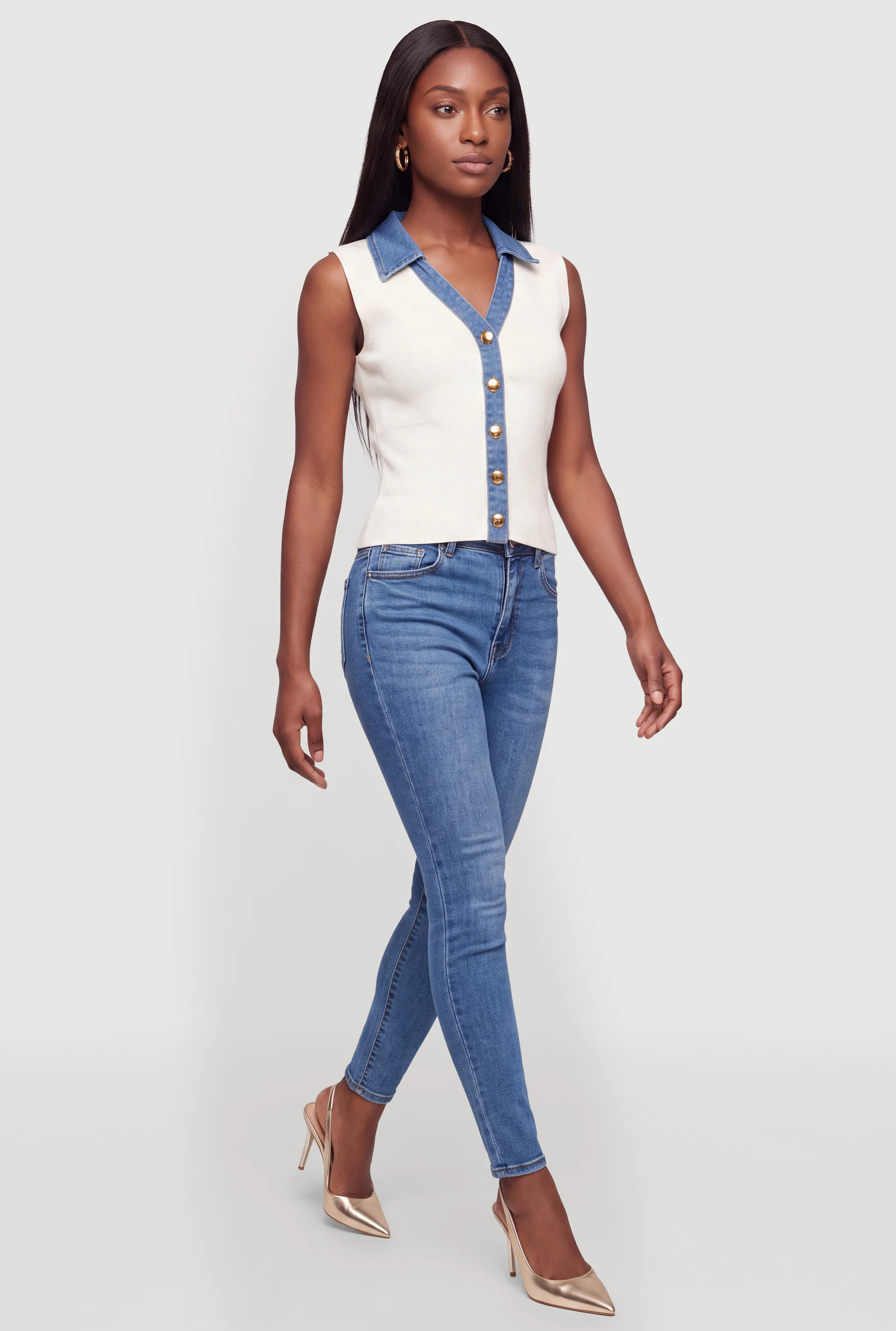 Sleeveless Denim Trim Button Front Sweater