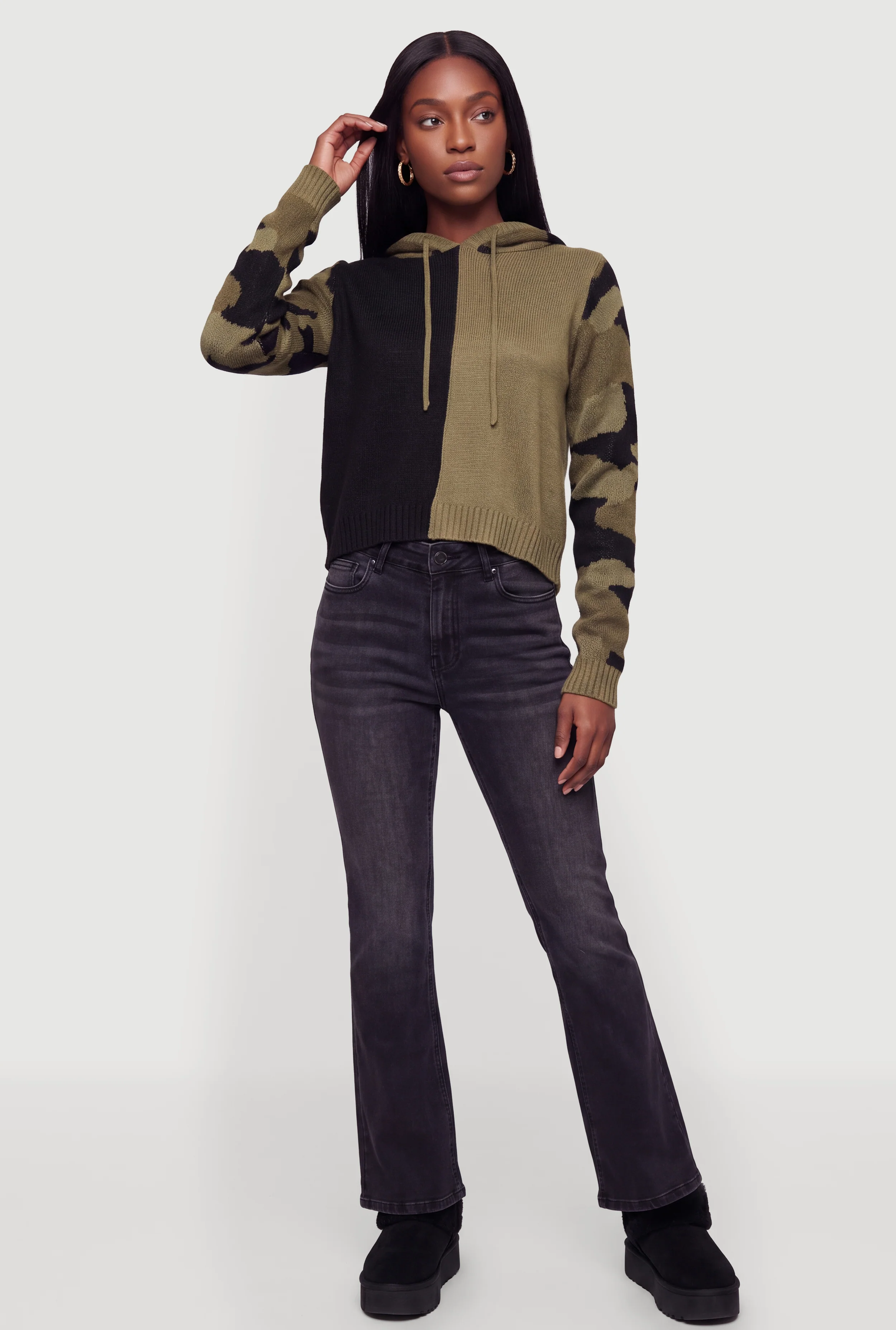 Camouflage Sleeve Color Blocked Hooded Sweater