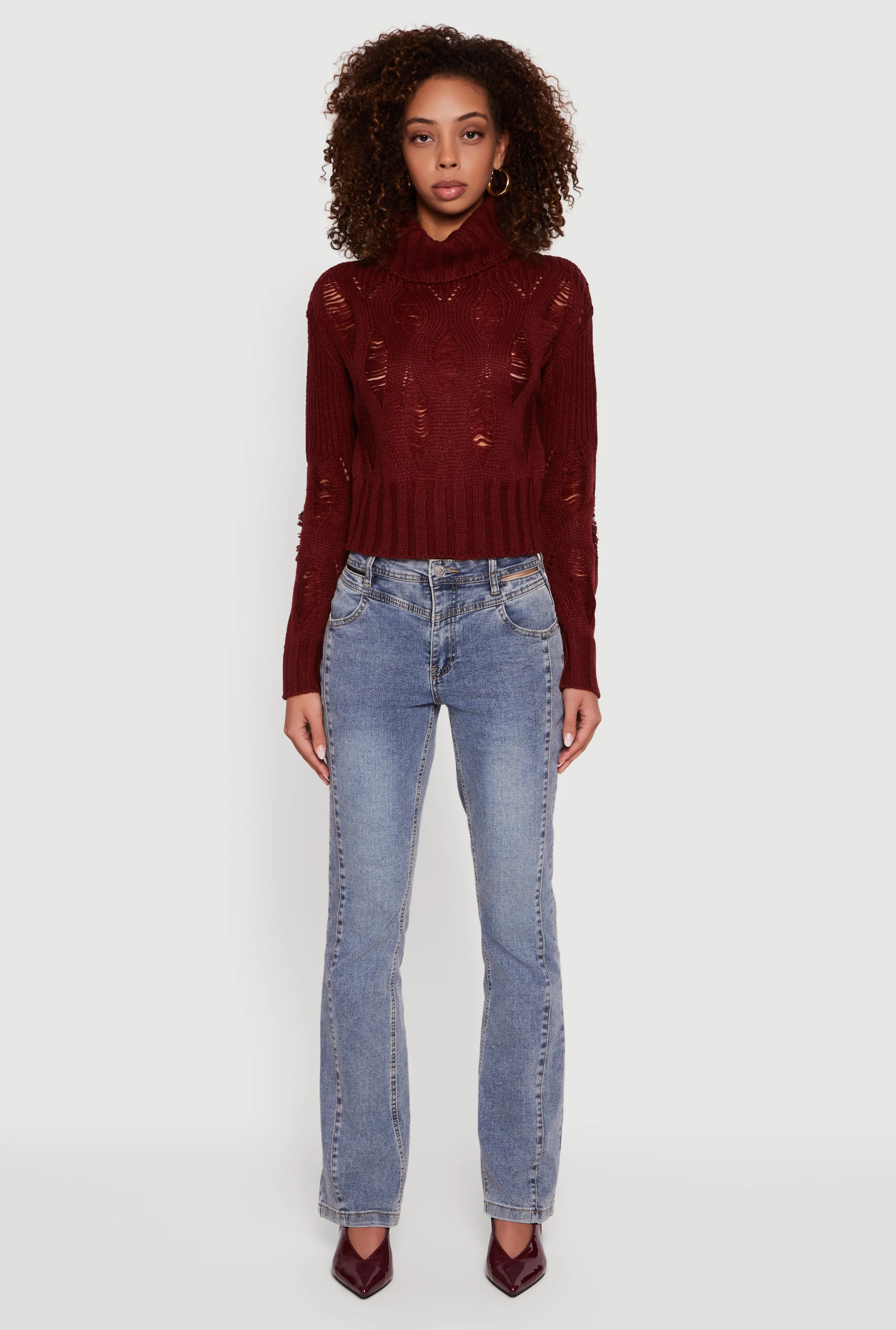 Long Sleeve Distressed Turtleneck Sweater