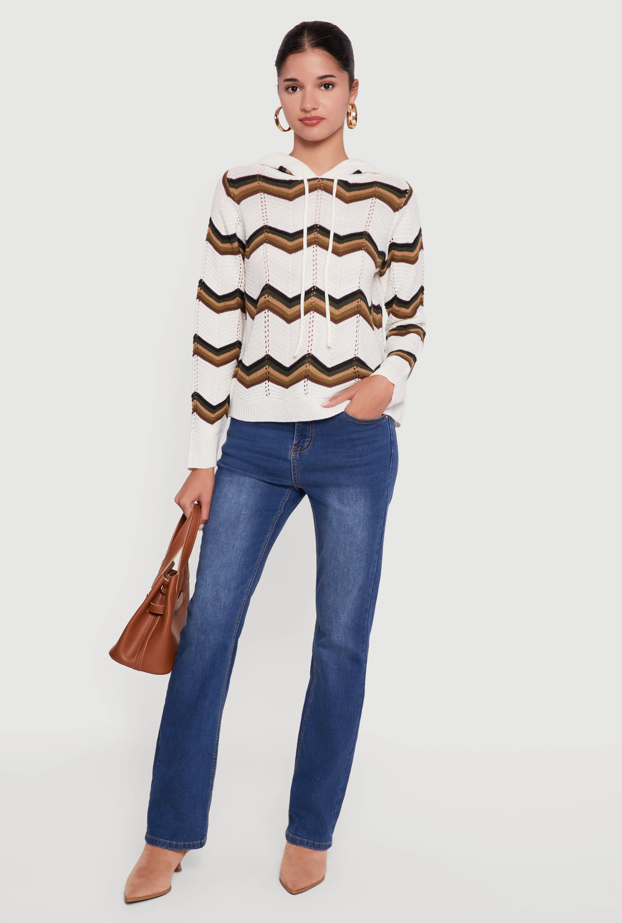Chevron Pointelle Knit Sweater Hoodie