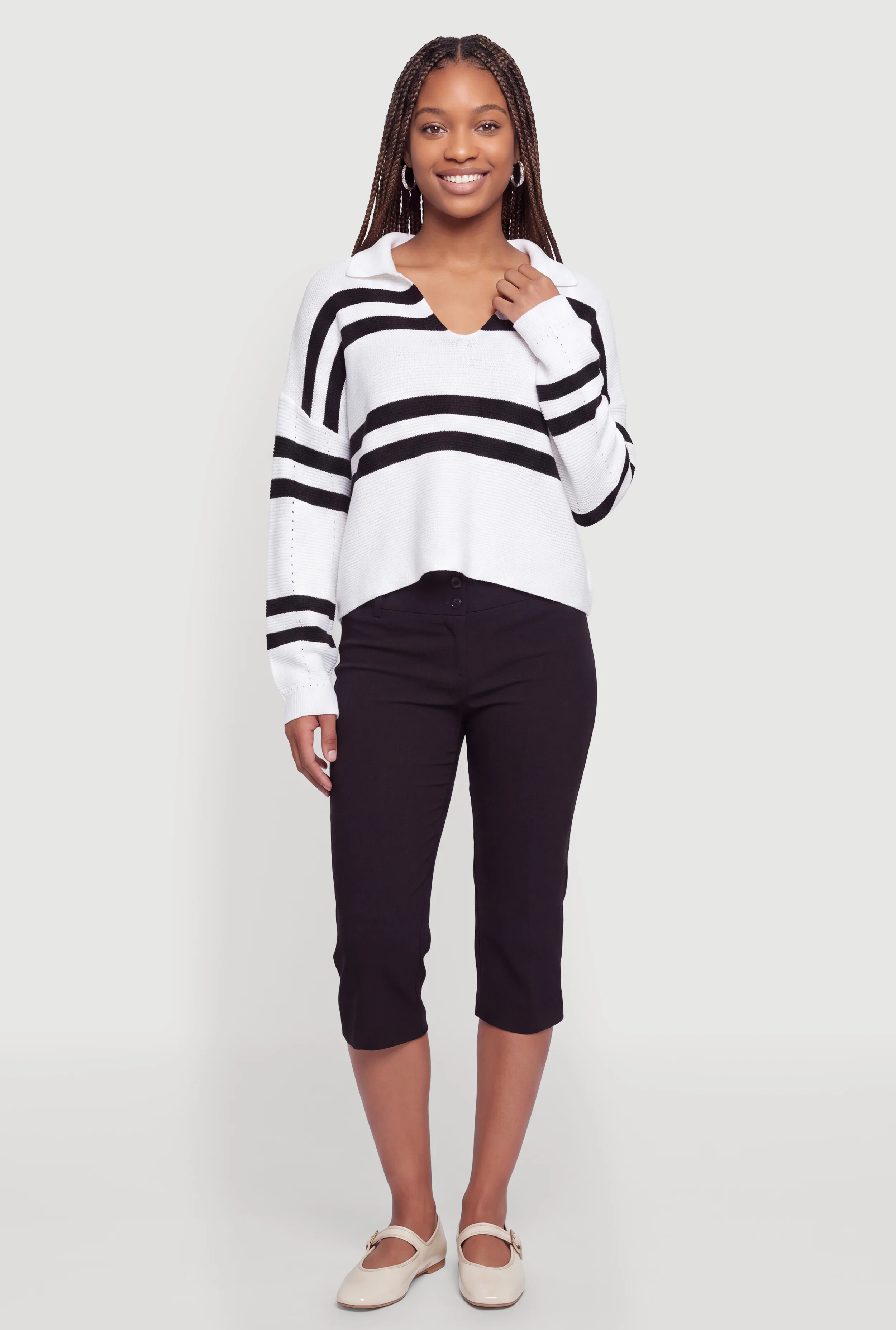 Striped Collared V-Neck Sweater in Crochet Knit