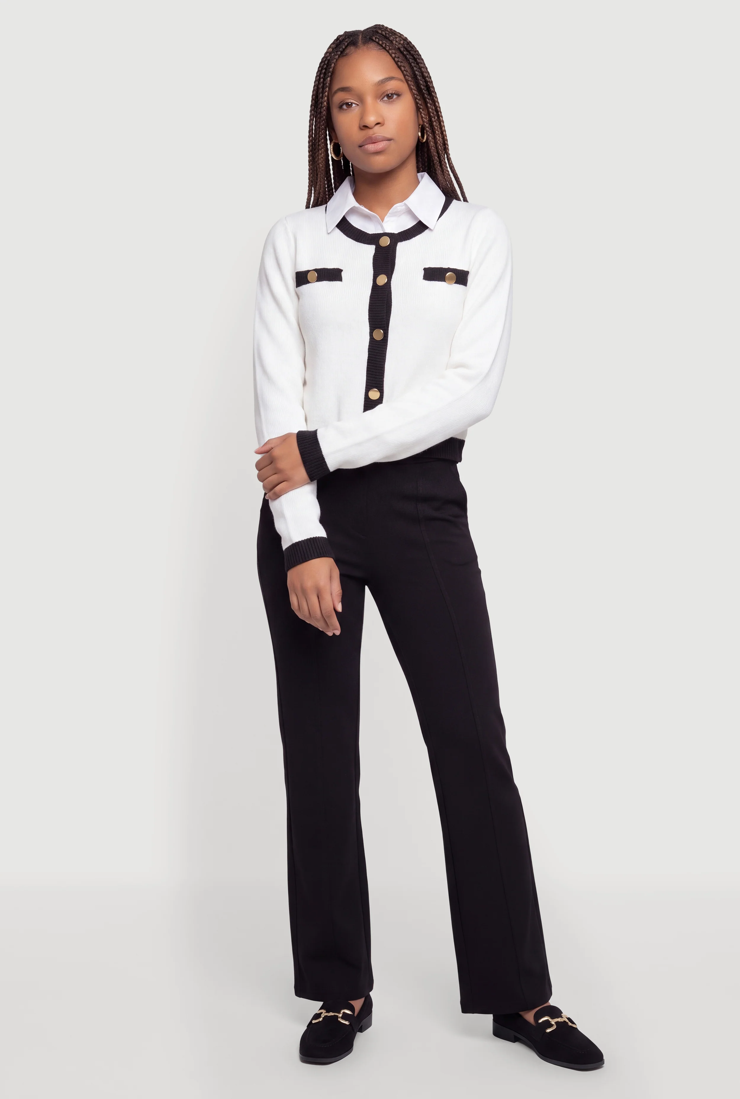 Layered Look Collared Faux Button Front Sweater