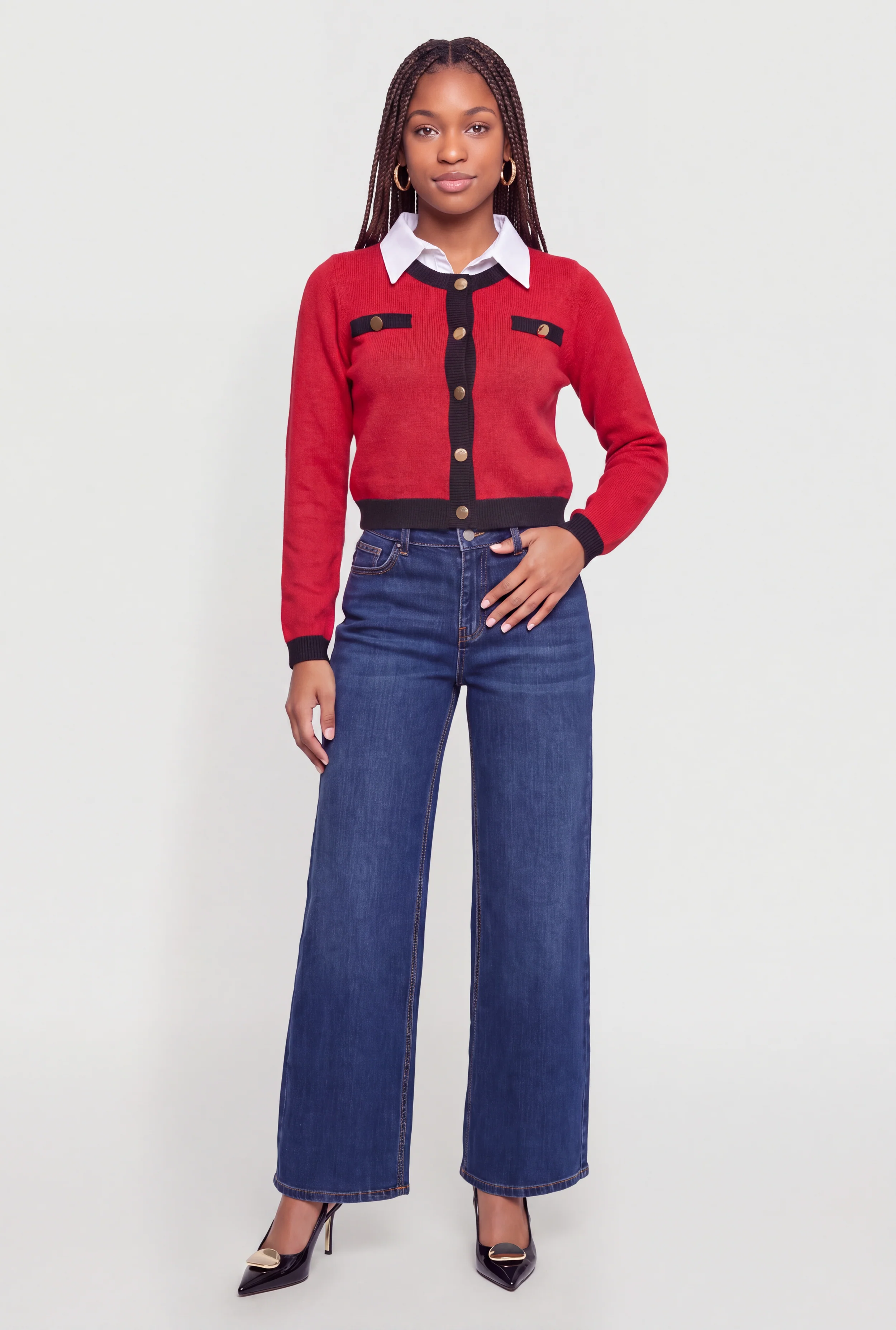 Layered Look Collared Faux Button Front Sweater