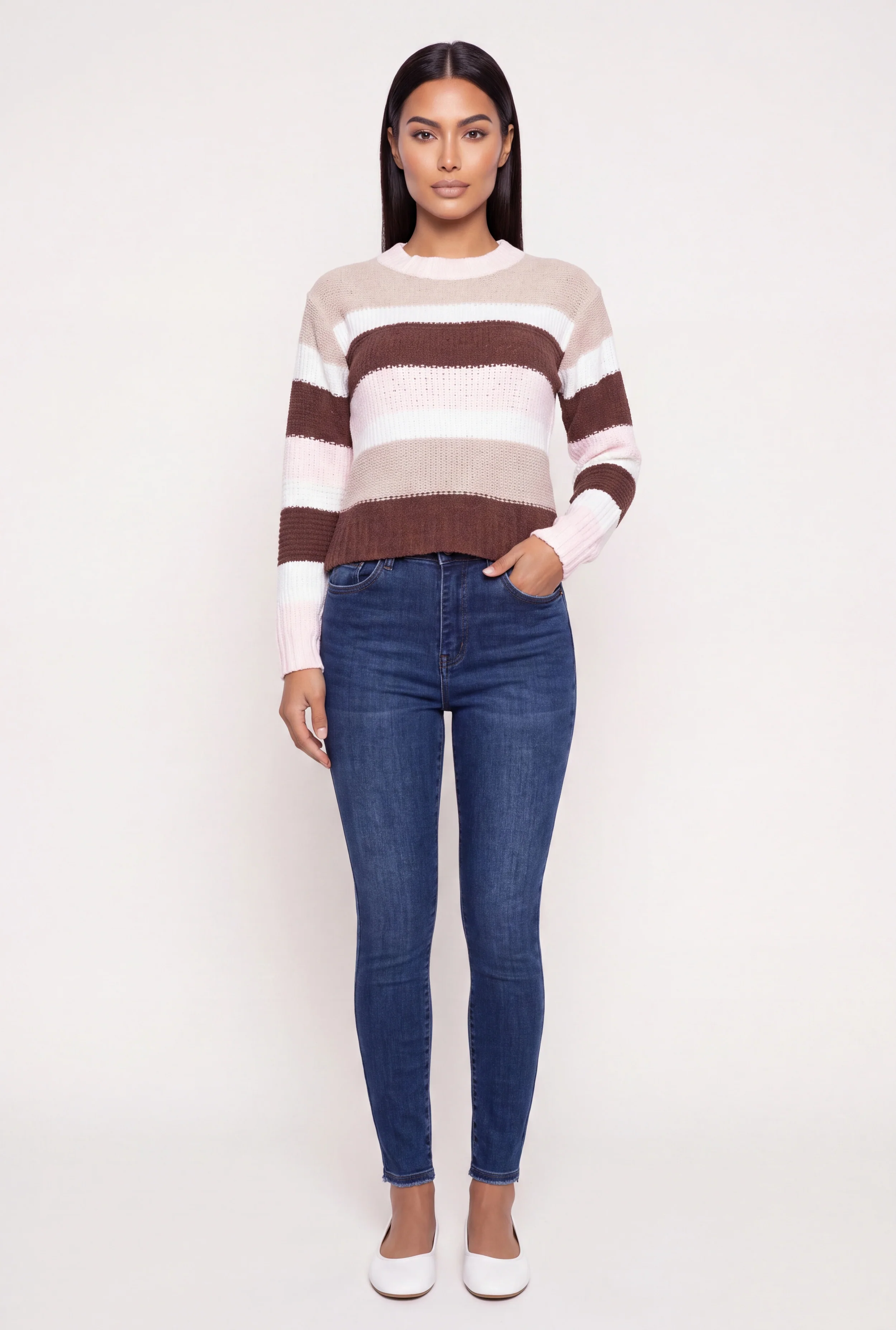 Striped Color Blocked Crew Neck Sweater