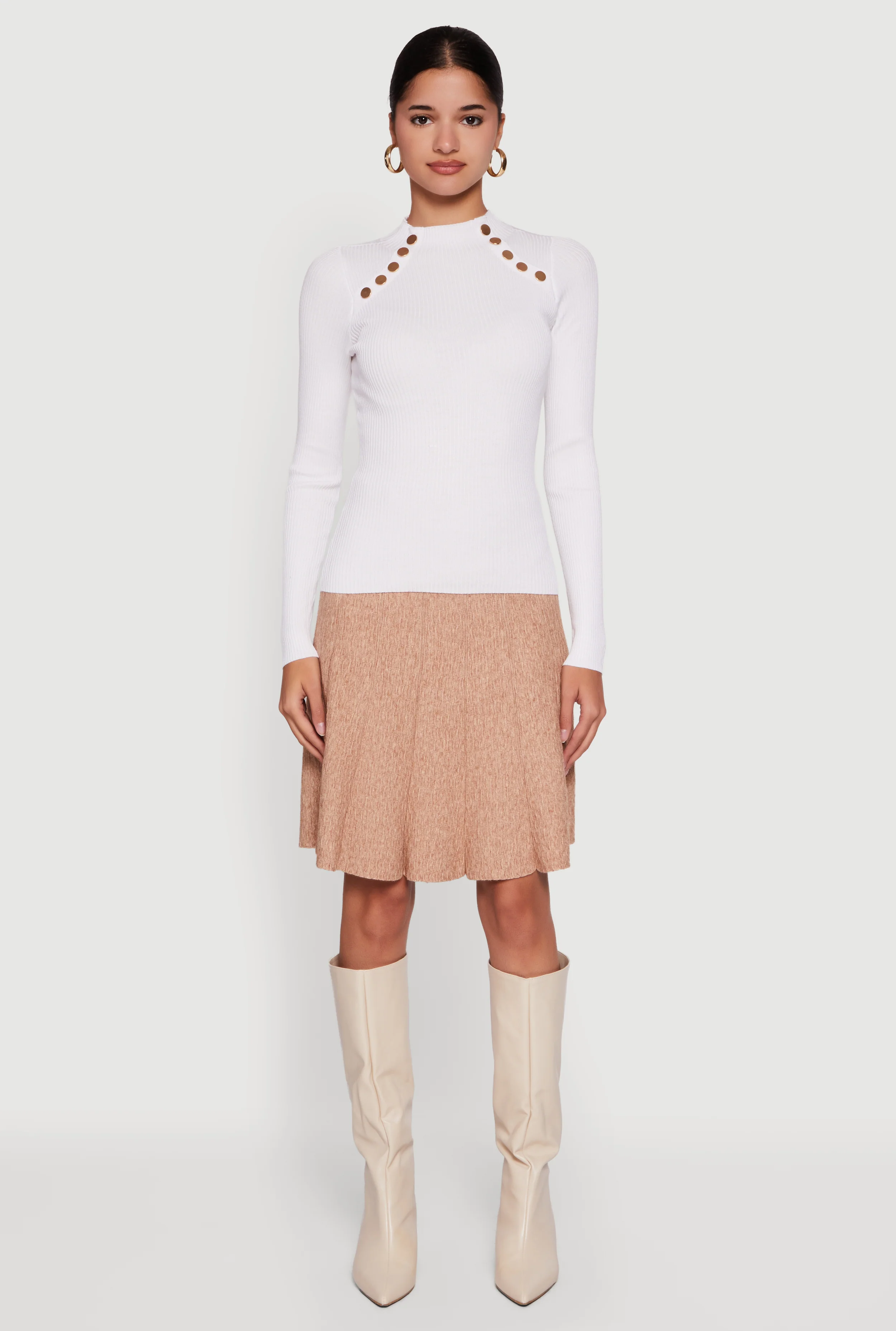 Metallic Button Detail Rib Knit High Neck Sweater