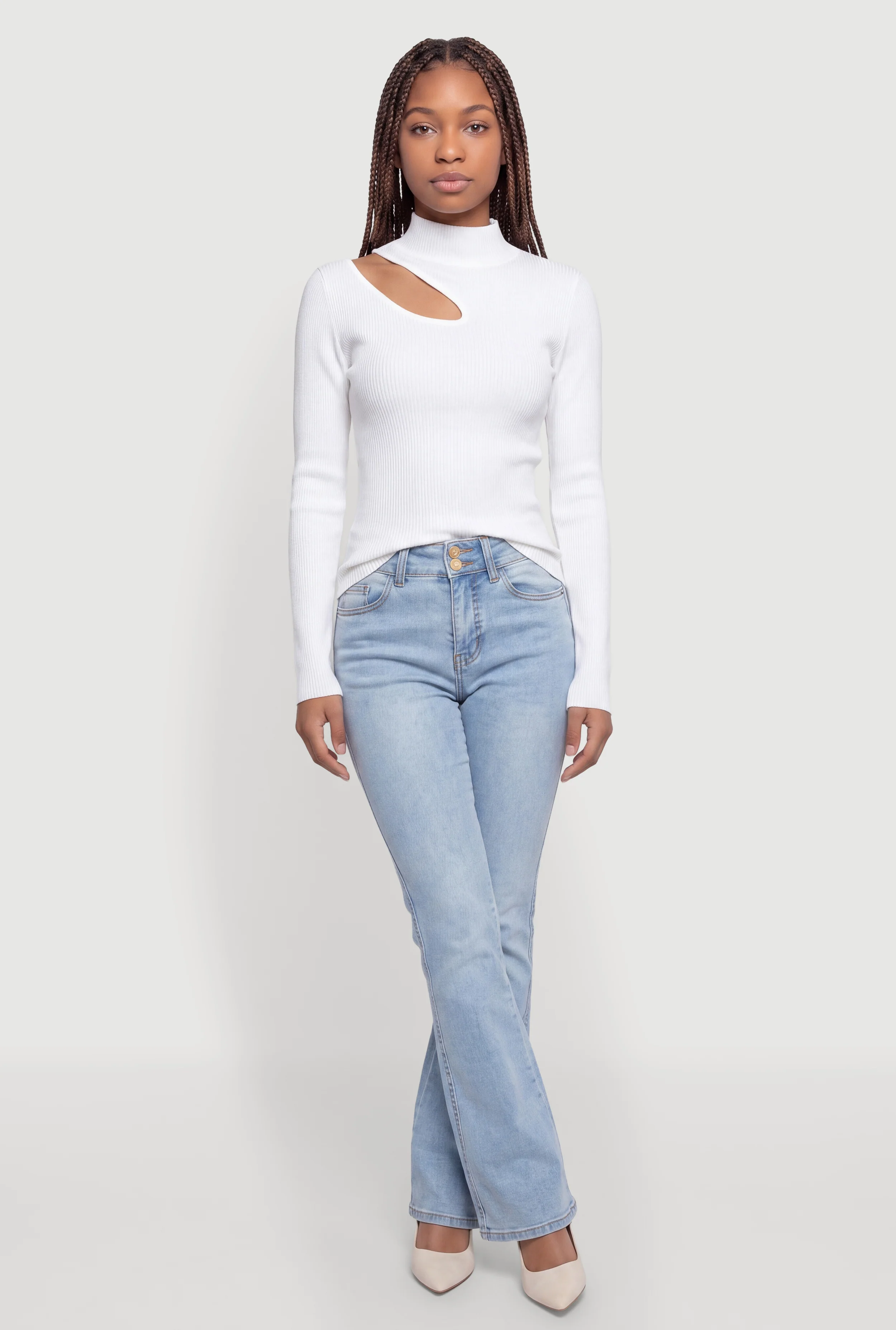 Cutout Mock Neck Ribbed Knit Sweater