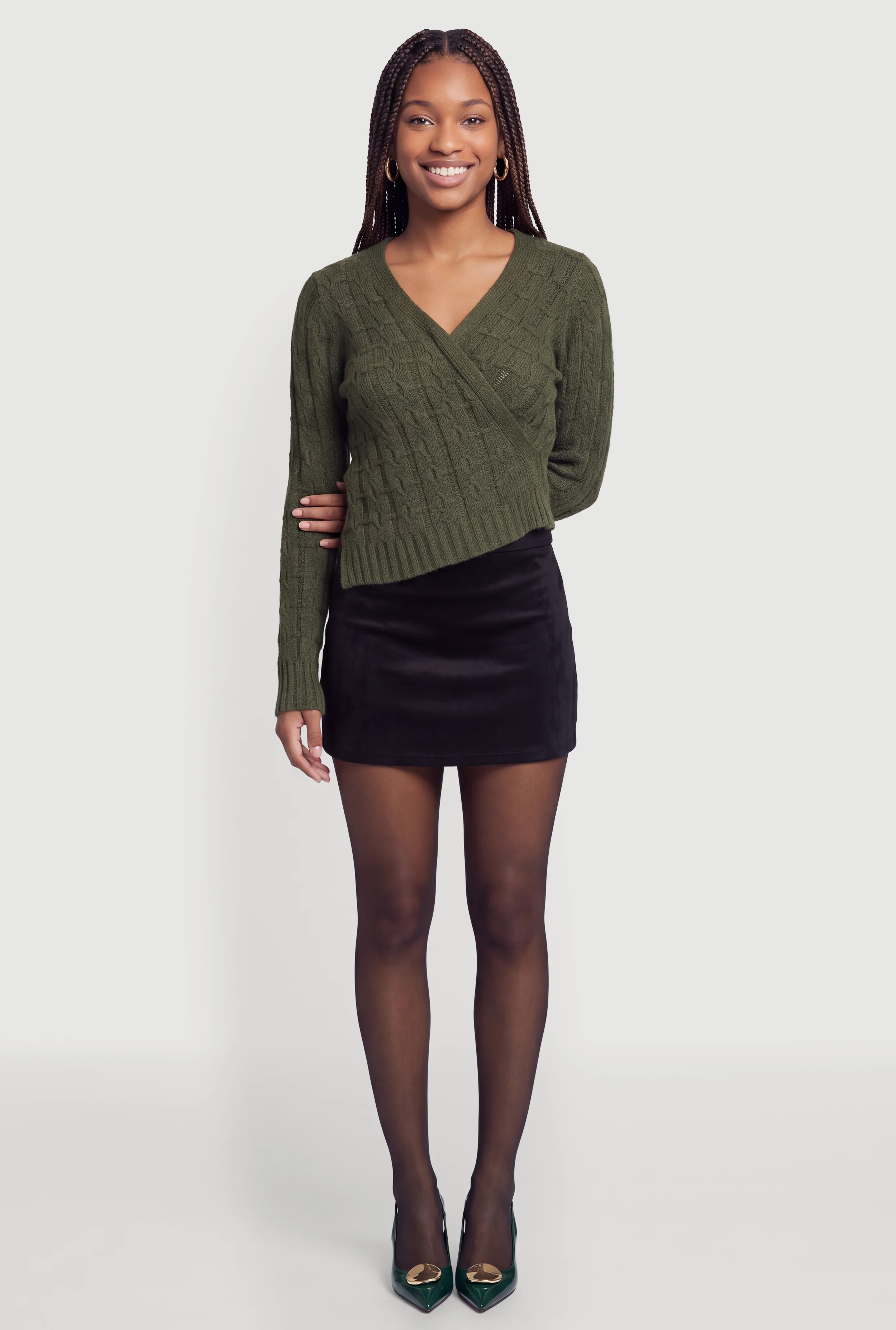 Cable Knit Faux Wrap Sweater